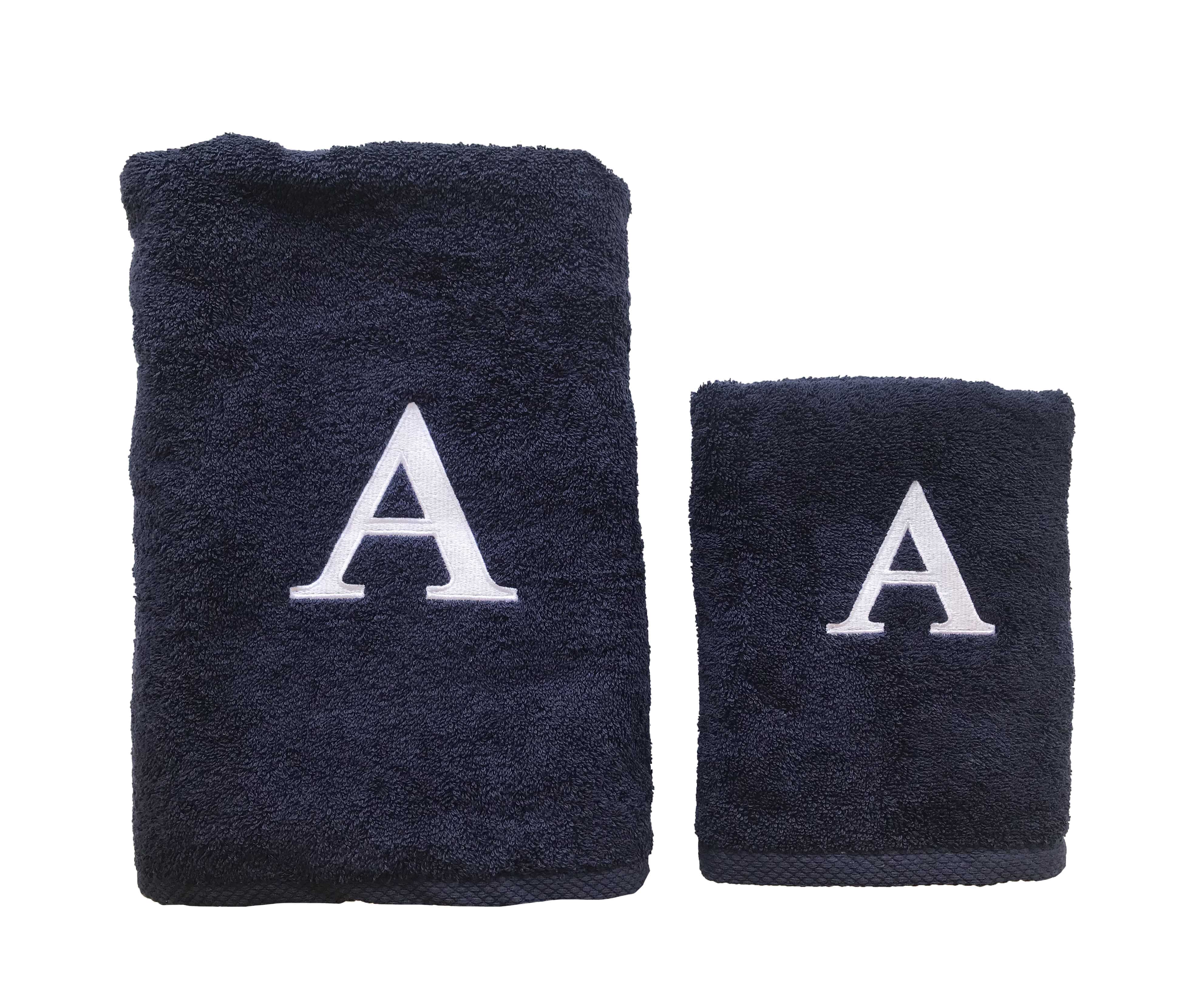 Serviette haut de gamme - avec élégante lettre "A" brodée - polyvalente, durable, absorbante et à séchage rapide - 100 % coton - bleu marine