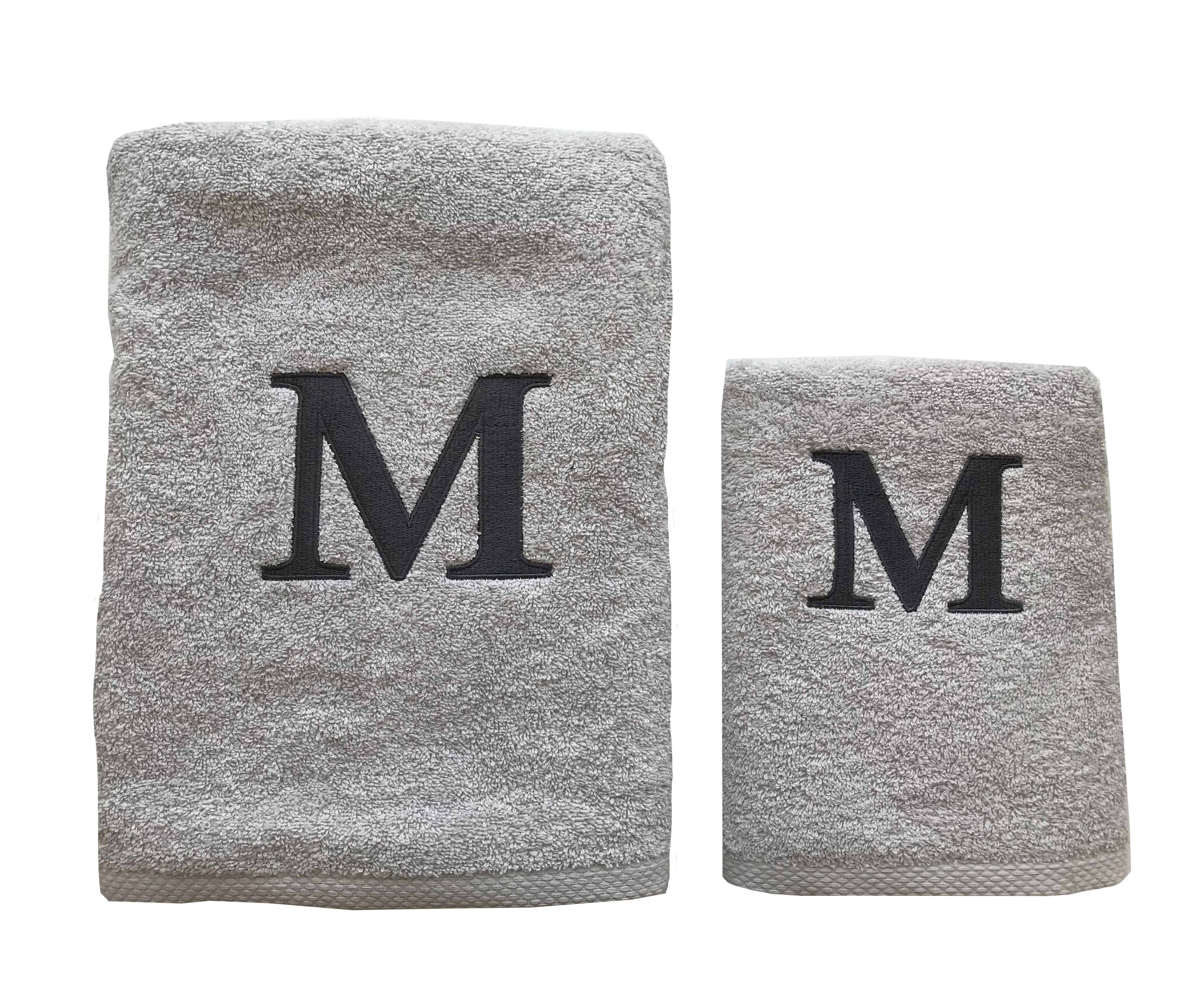 Serviette haut de gamme - avec élégante lettre brodée "M" - polyvalente, durable, absorbante et à séchage rapide - 100 % coton - gris