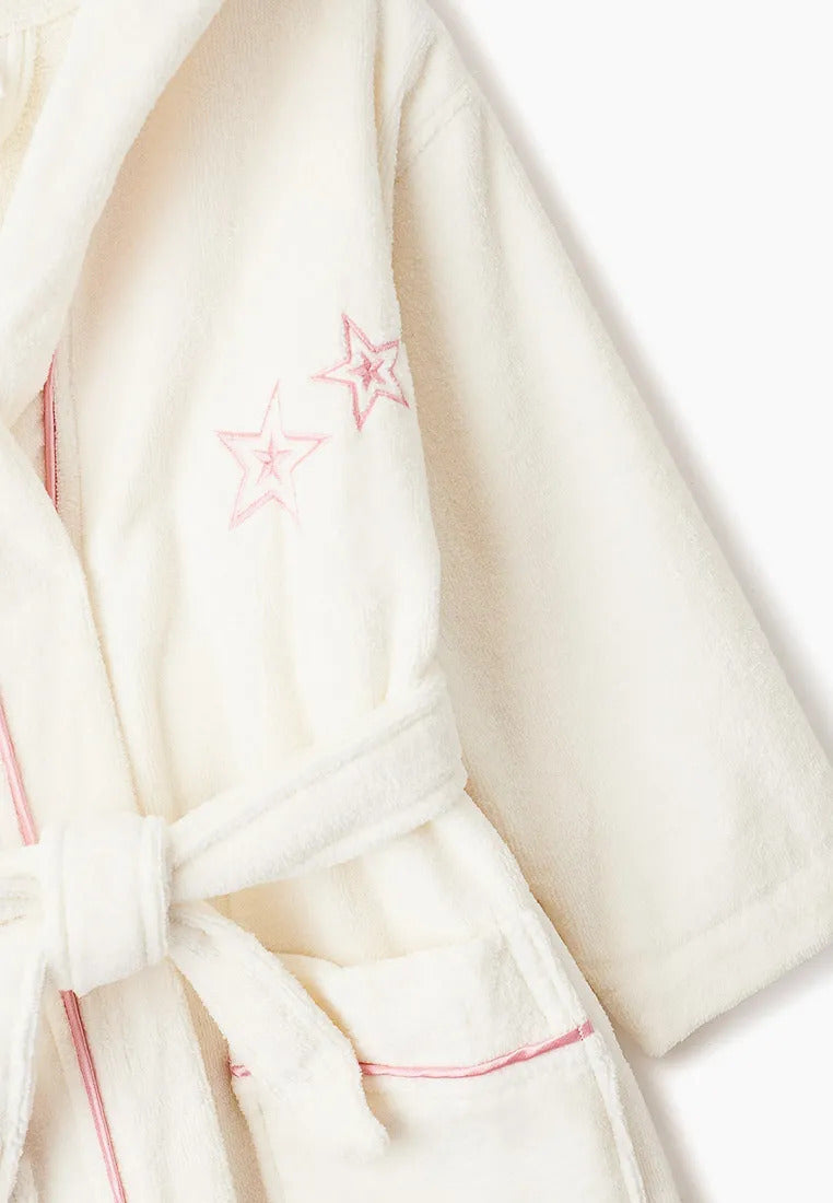 Kinder Bademantel mit Kapuze aus Velour – Modell 6189 (Creme/Rosa)