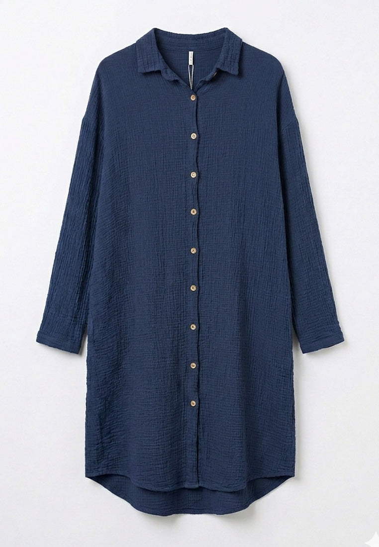 Musselin-Hemdblusenkleid mit Struktur & Vokuhila-Saum