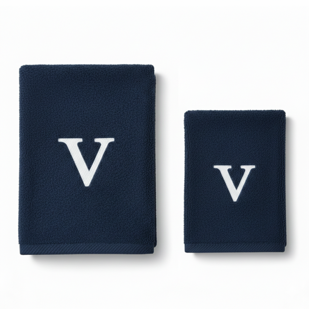Premium Handtuch - Mit edler Stickerei Buchstabe "V" - Vielseitig, Nachhaltig, Saugstark & Schnelltrocknend - 100% Baumwolle - Marinenblau