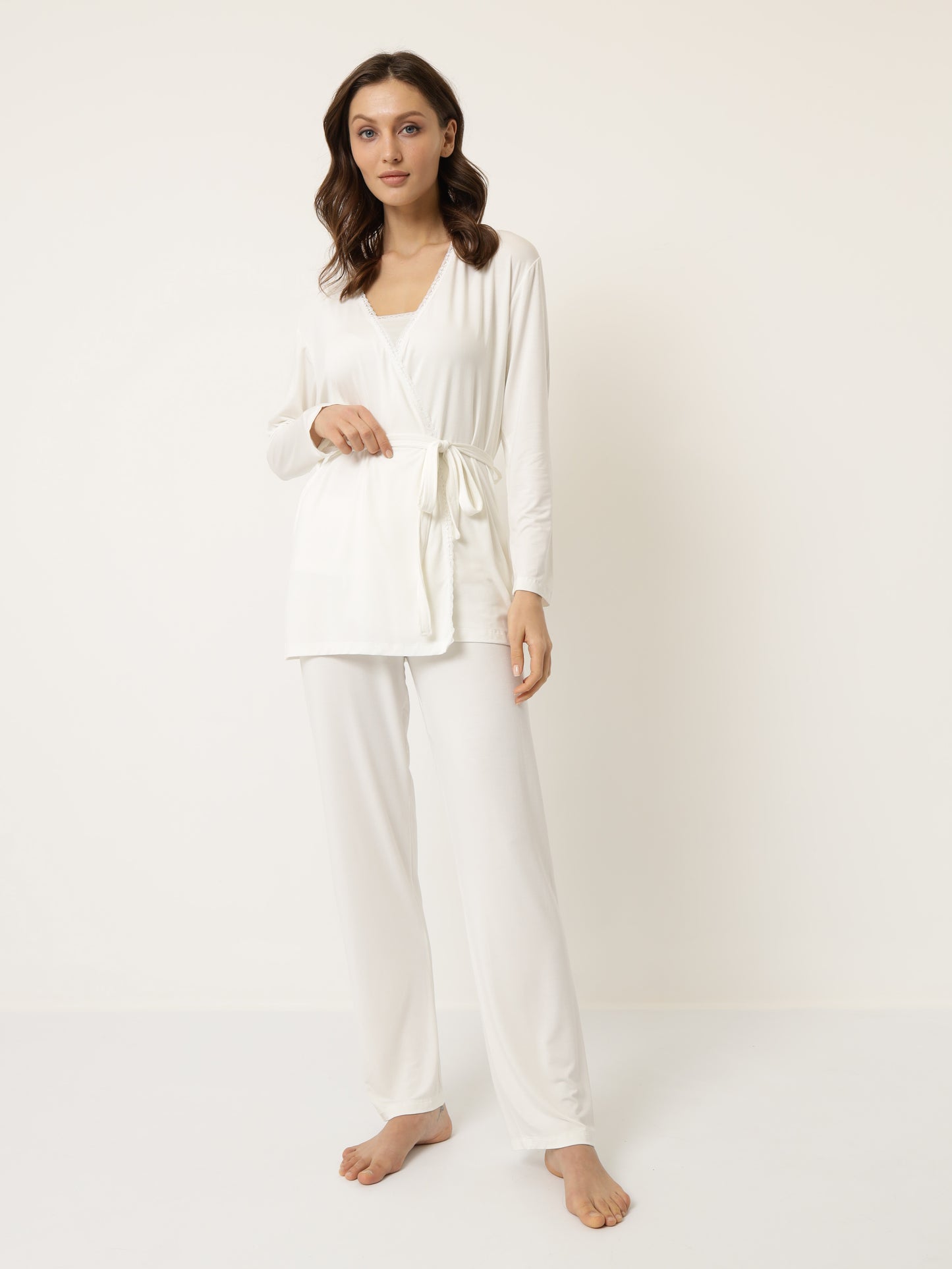 Damen Pyjama Set mit Morgenmantel aus Bambus viskose LMS-6176 Cream Creme