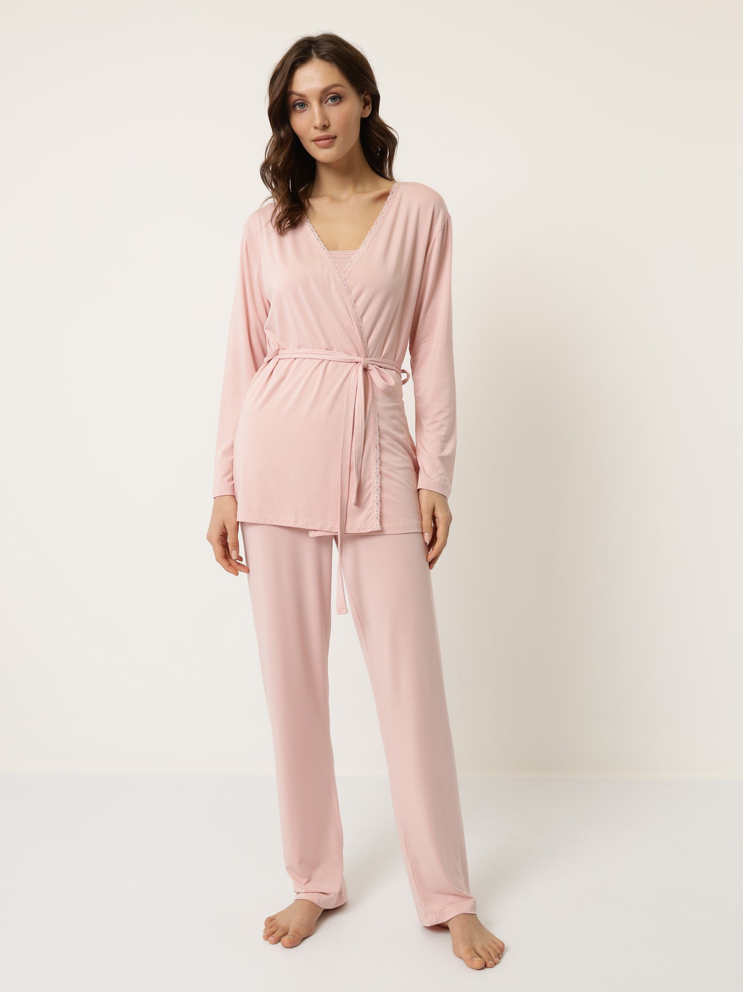 Damen Pyjama Set mit Morgenmantel aus Bambus viskose LMS-6176 Pink Rosa