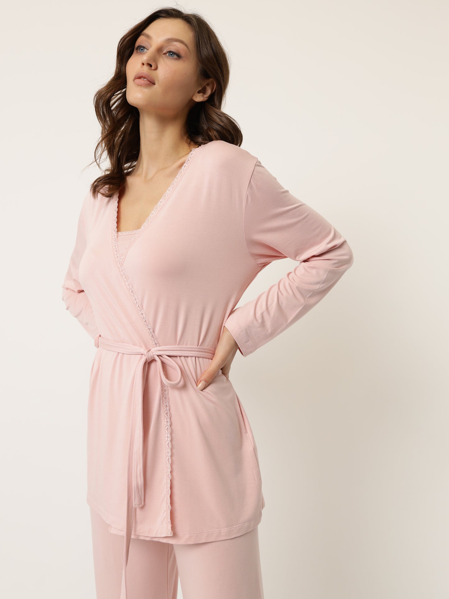Damen Pyjama Set mit Morgenmantel aus Bambus viskose LMS-6176 Pink Rosa