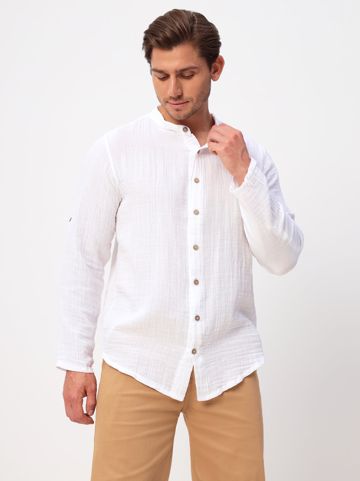 Herren Sommer Mode Hemd aus lässige Musselin Freizeit LMS-6467 White Weiß