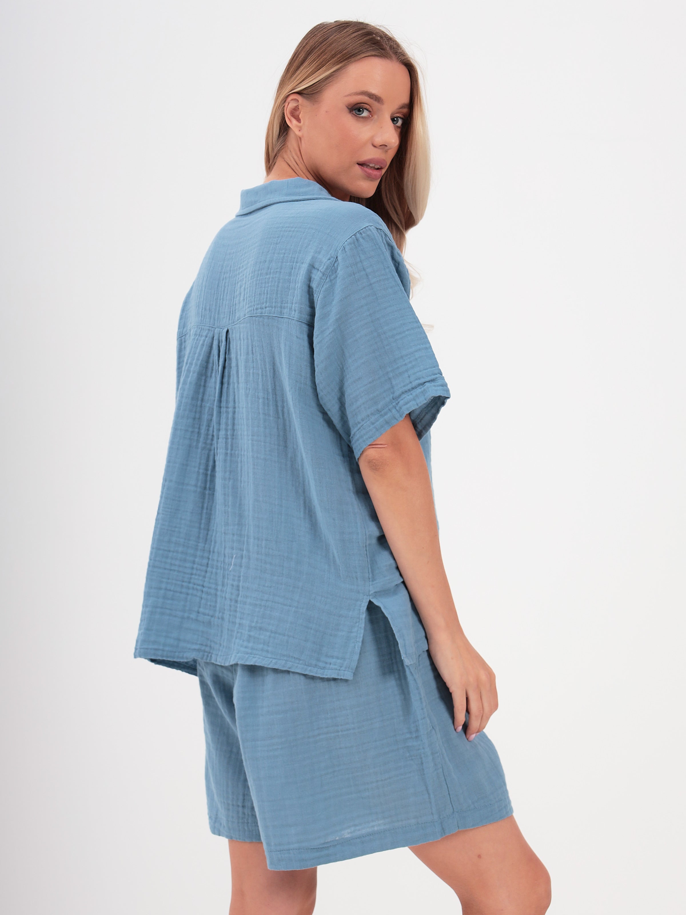 Damen Sommer Mode T-Shirt und Short Hosen Set aus lässige Musselin mit Kordelzug Freizeit Shorts