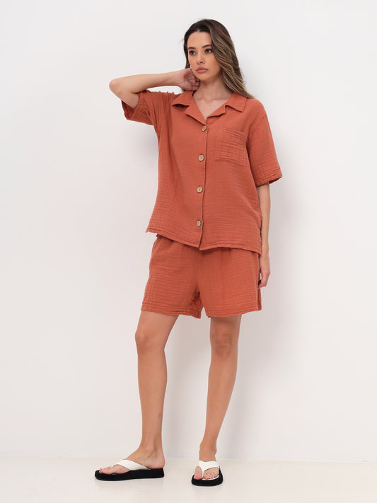 Damen Sommer Mode T-Shirt und Short Hosen Set aus lässige Musselin mit Kordelzug Freizeit Shorts