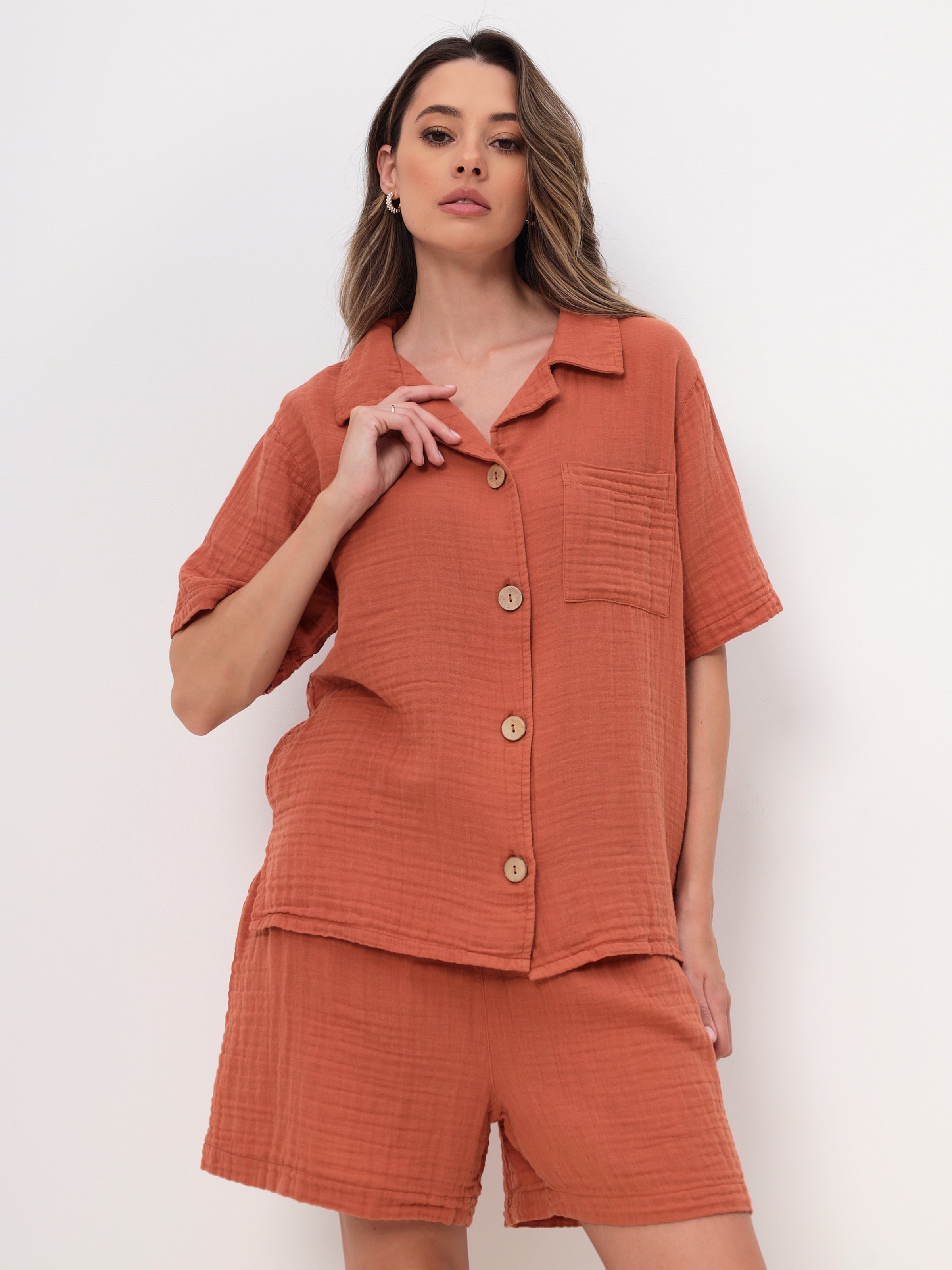 Damen Sommer Mode T-Shirt und Short Hosen Set aus lässige Musselin mit Kordelzug Freizeit Shorts