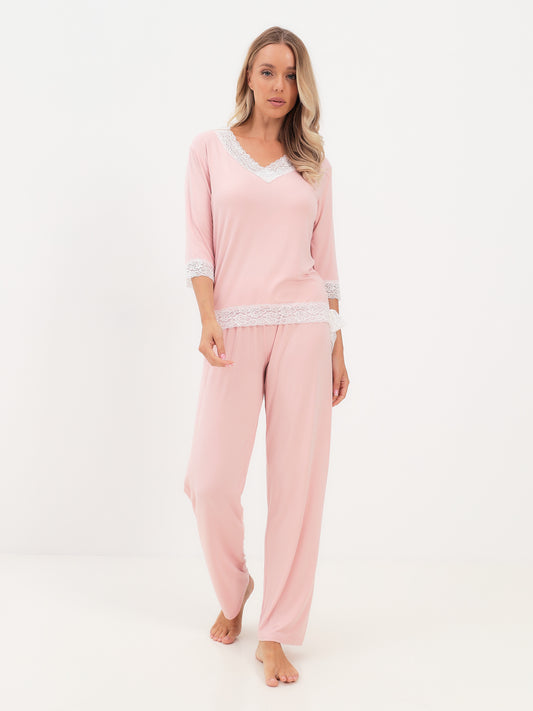 Luxuriöse 2-teiliger Damen Pyjama Set mit zauberhafter Spitze im Oberteil und einer Schleife LMS-2014 6496