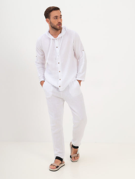 2teiliger Herren Sommer Mode Shirt Hemd mit Kapuze und langer Hose mit Kordelzug aus lässige Musselin Freizeit LMS-6457 Weiß