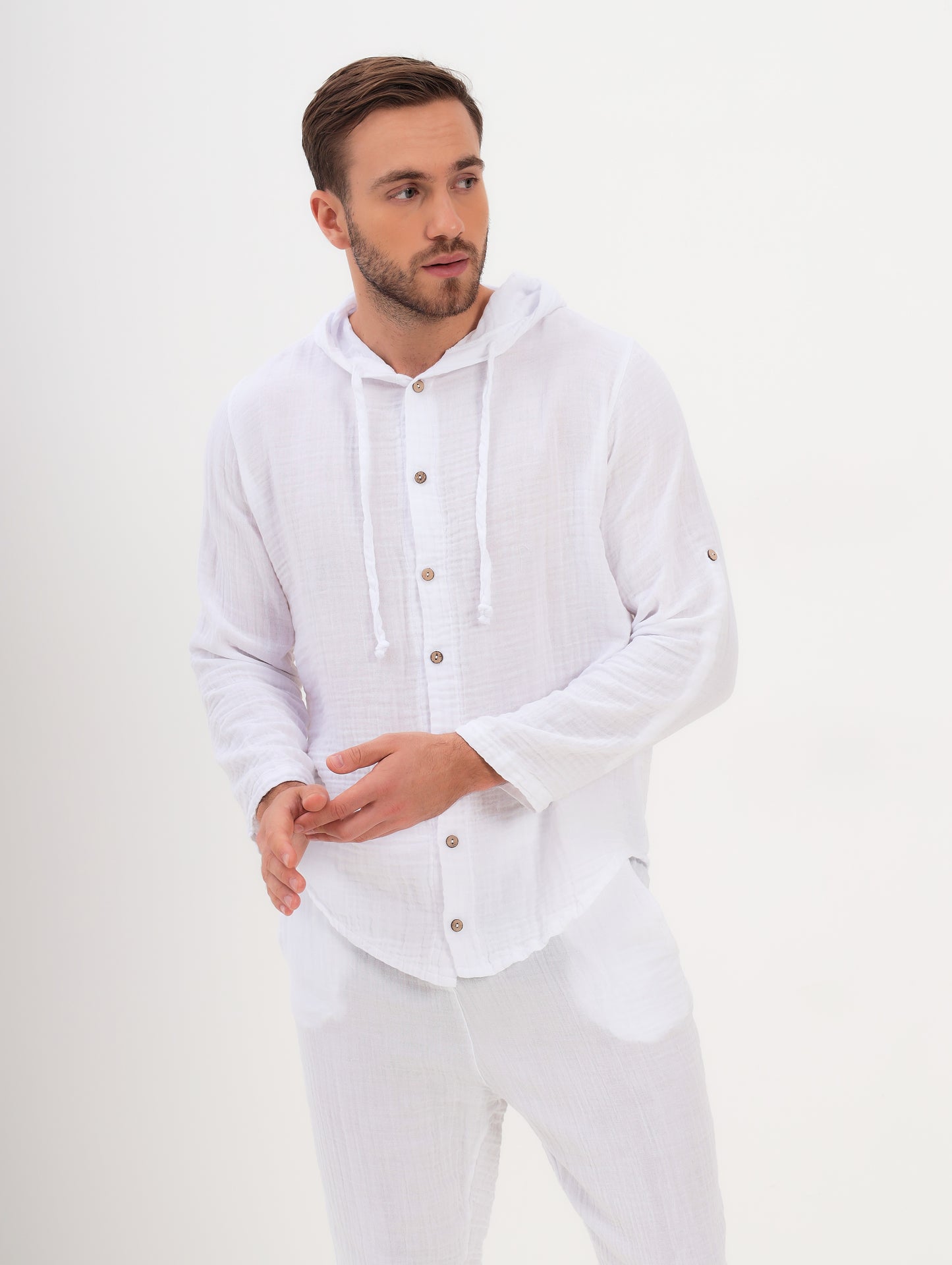 Herren Sommer und Freizeit Mode - Shirt Hemd mit Kapuze und lange Hose mit Kordelzug aus lässige Musselin