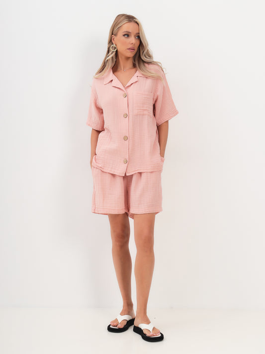 2teilige Damen Sommer Mode T-Shirt und Short Hosen Set aus lässige Musselin mit Kordelzug Freizeit Shorts LMS-6216 Pink