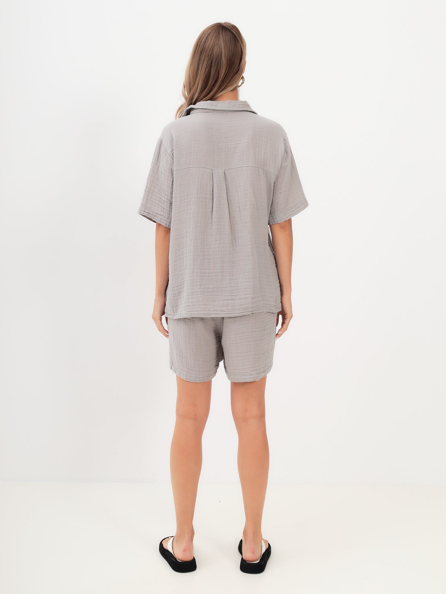 Damen Sommer Mode T-Shirt und Short Hosen Set aus lässige Musselin mit Kordelzug Freizeit Shorts