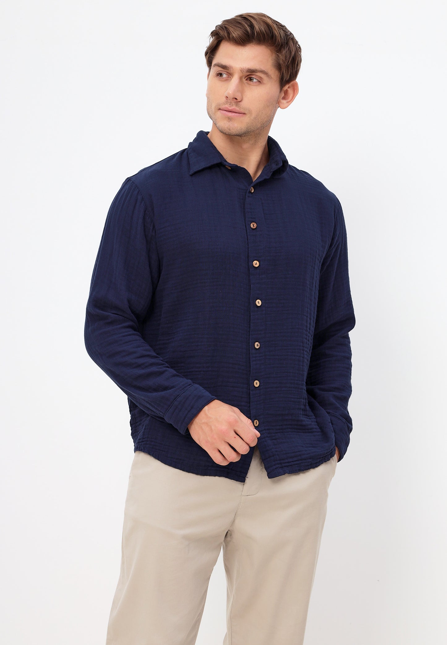 Herren Sommer Mode Hemd aus lässige Musselin Freizeit LMS-6484 Navy Marinenblau