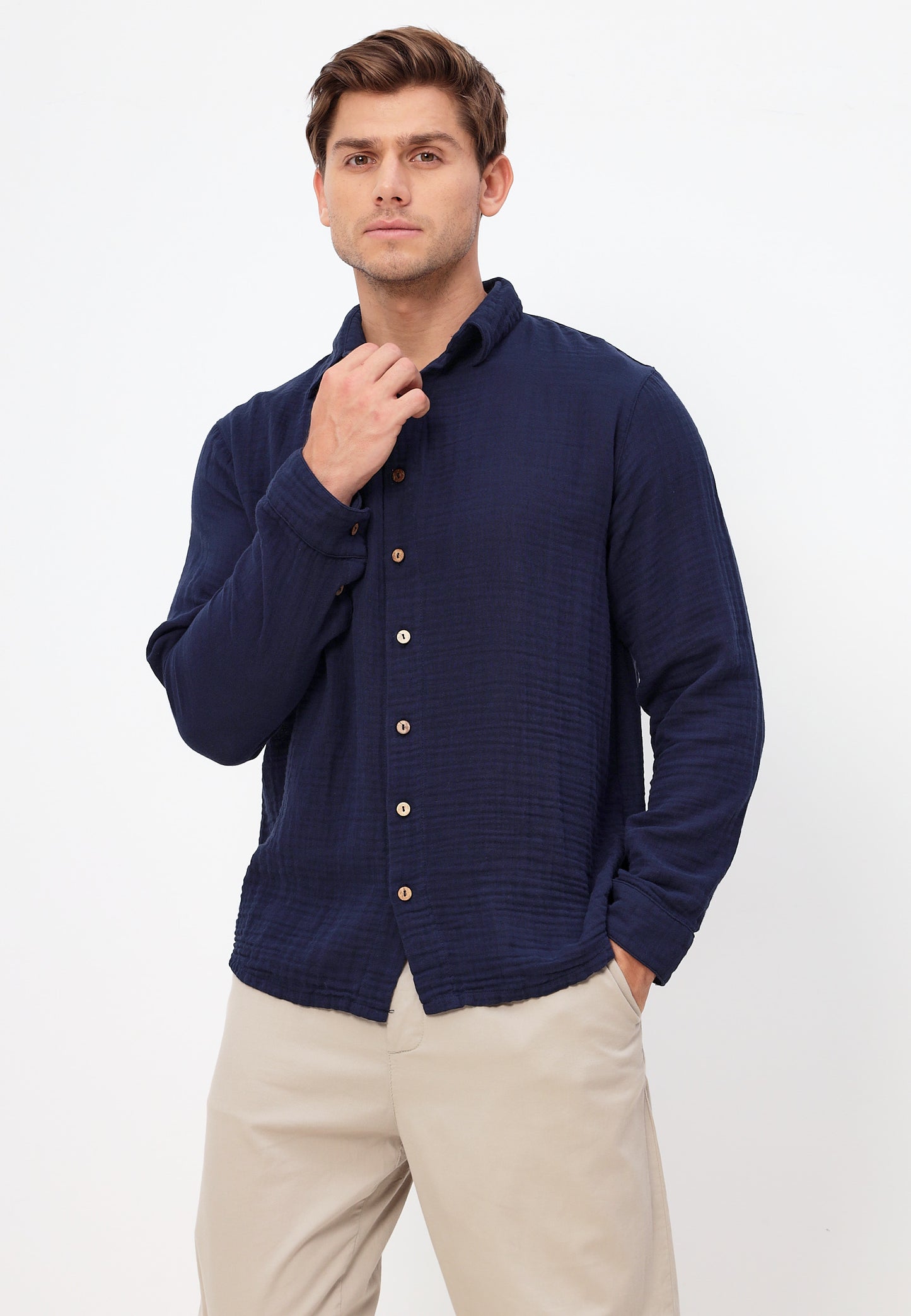 Herren Sommer Mode Hemd aus lässige Musselin Freizeit LMS-6484 Navy Marinenblau