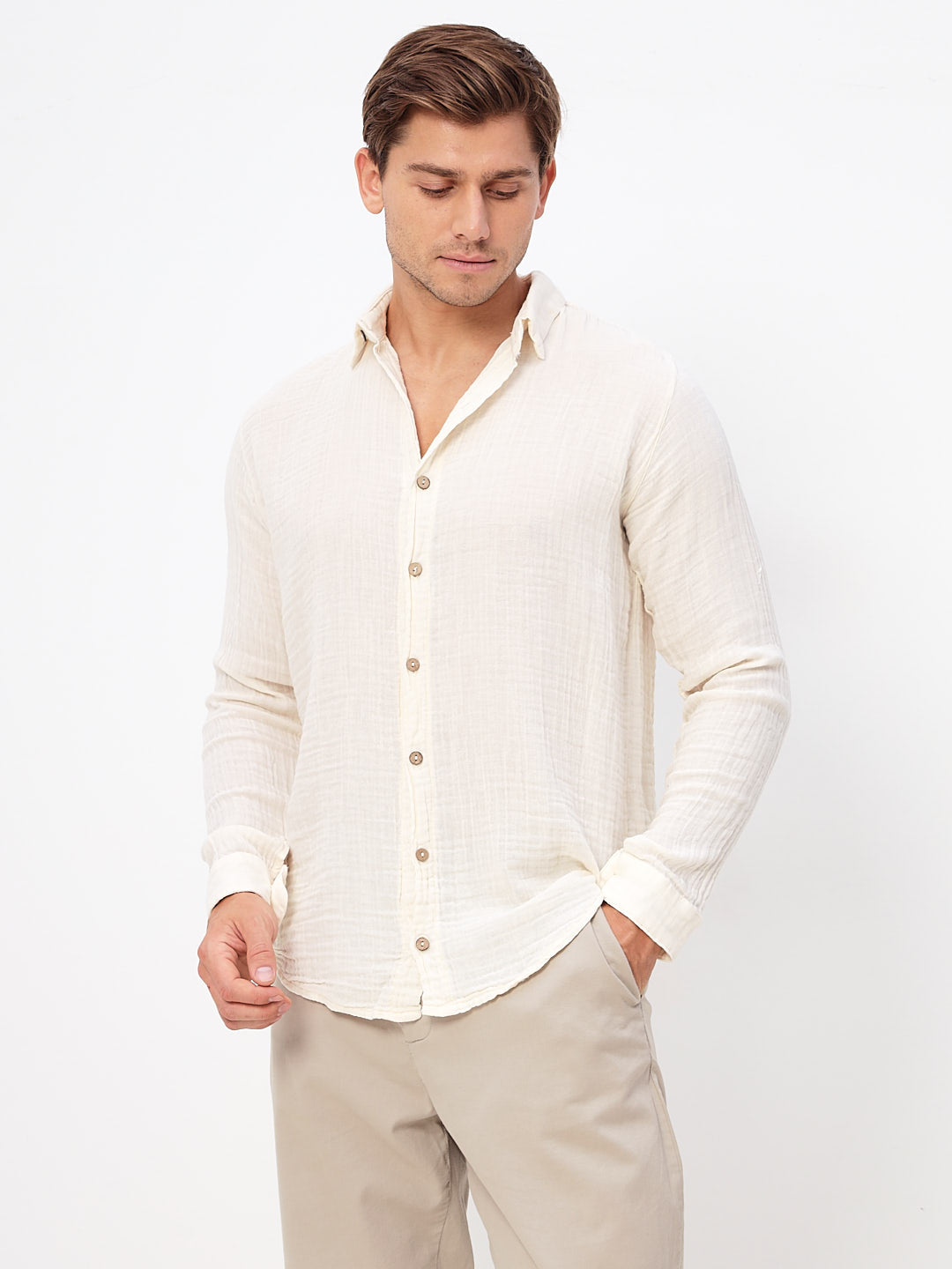 Herren Sommer Mode Hemd aus lässige Musselin Freizeit LMS-6484 Creme