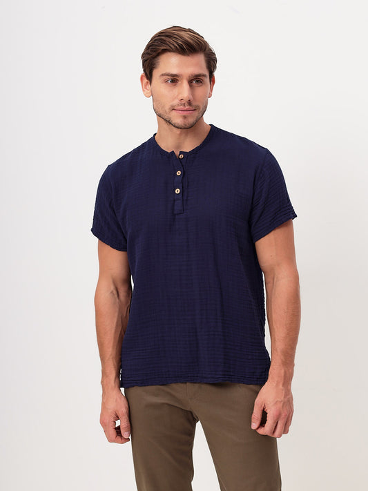 Herren Sommer Mode T-Shirt aus lässige Musselin Freizeit LMS-6452 Marinenblau