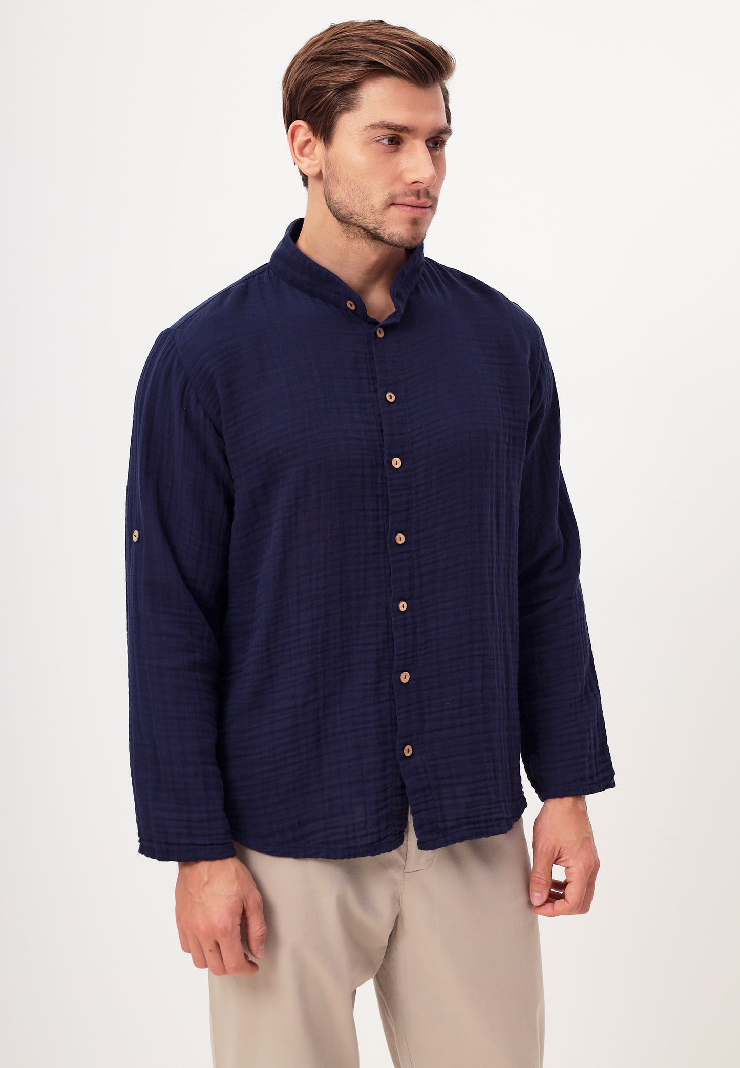 Herren Sommer Mode Hemd aus lässige Musselin Freizeit LMS-6467 Navy Marinenblau