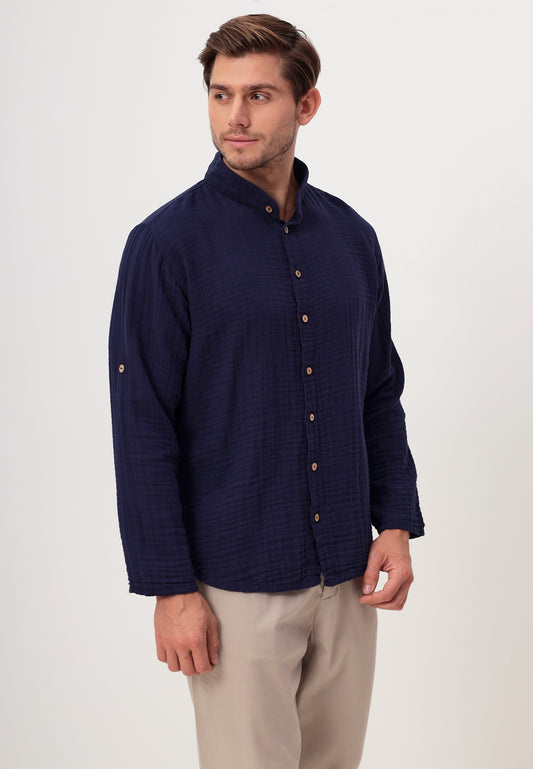 Herren Sommer Mode Hemd aus lässige Musselin Freizeit LMS-6467 Navy Marinenblau