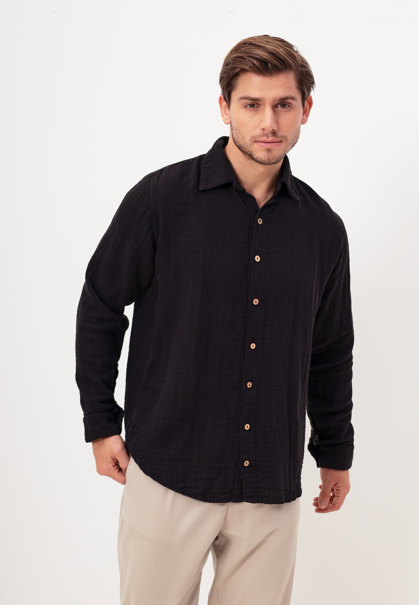 Herren Sommer Mode Hemd aus lässige Musselin Freizeit LMS-6484 Schwarz