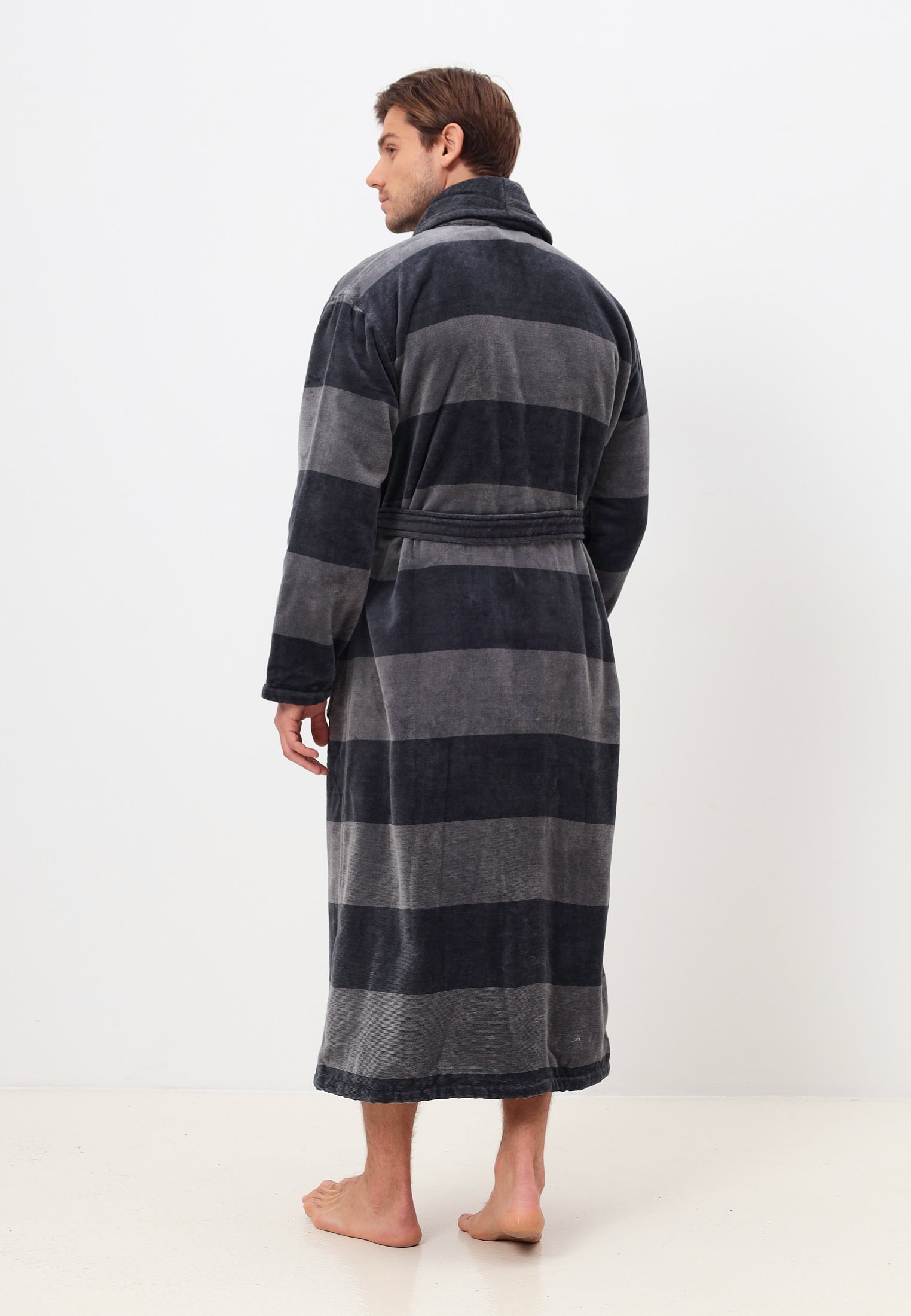 IN ÜBERGRÖSSEN ERHÄLTLICH - Edeler Schalkragen Herrenbademantel aus hochwertiger Baumwolle in Velour mit Querstreifen Design