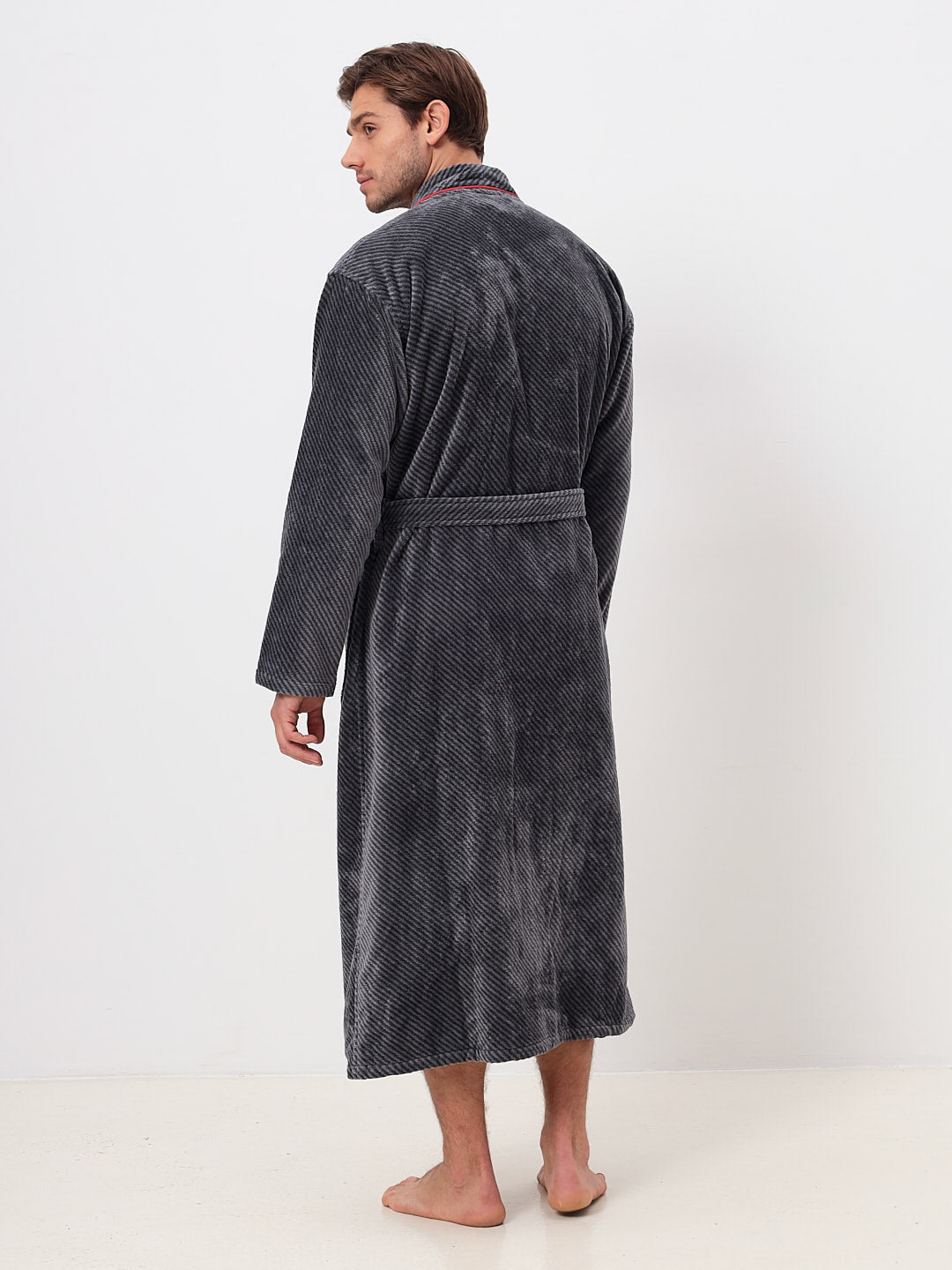 IN ÜBERGRÖSSEN ERHÄLTLICH - Herren Kimono Bademantel aus 100% Baumwolle in melange Diagonel Stripe Design LMS-6471 Anthrazit
