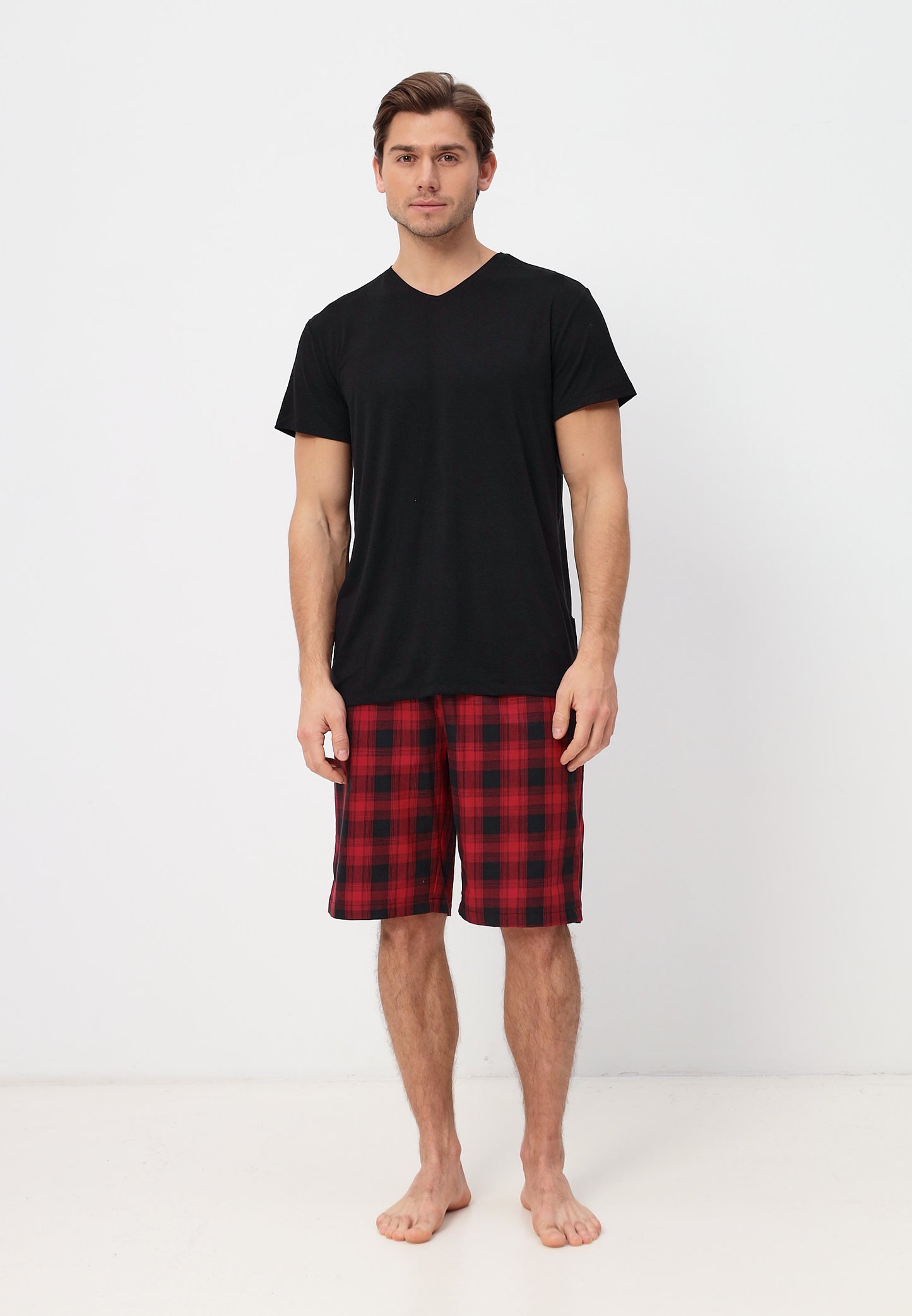 Zweiteiliges Set Herren Pyjama Set - Kurzarm Shirt und kurze Karierte Pyjamahose aus Baumwolle LMS-6438 Schwarz/Rot