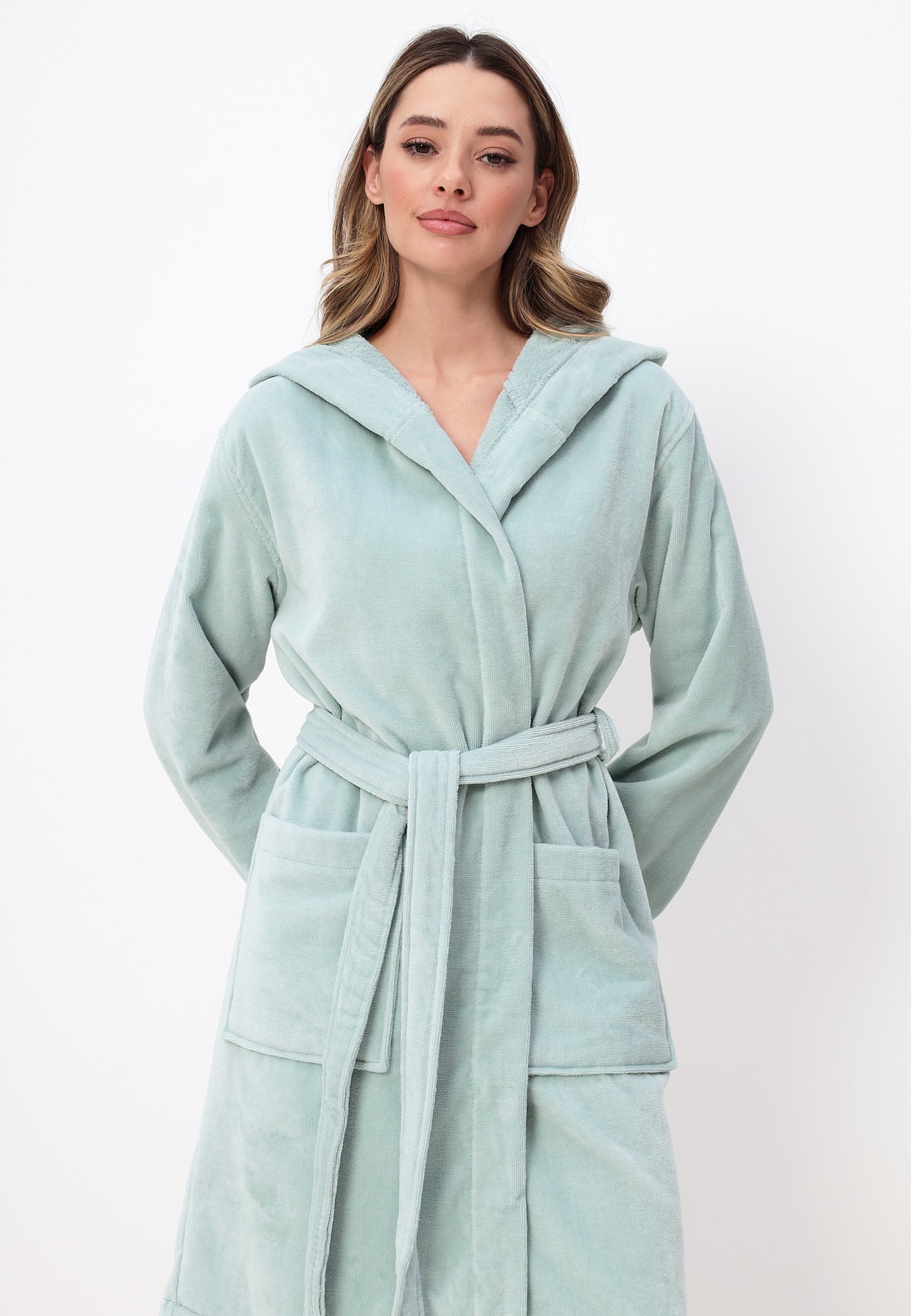 Damen Bademantel mit Kapuze aus 100% Baumwolle in Velour Design LMS-6351 Grau