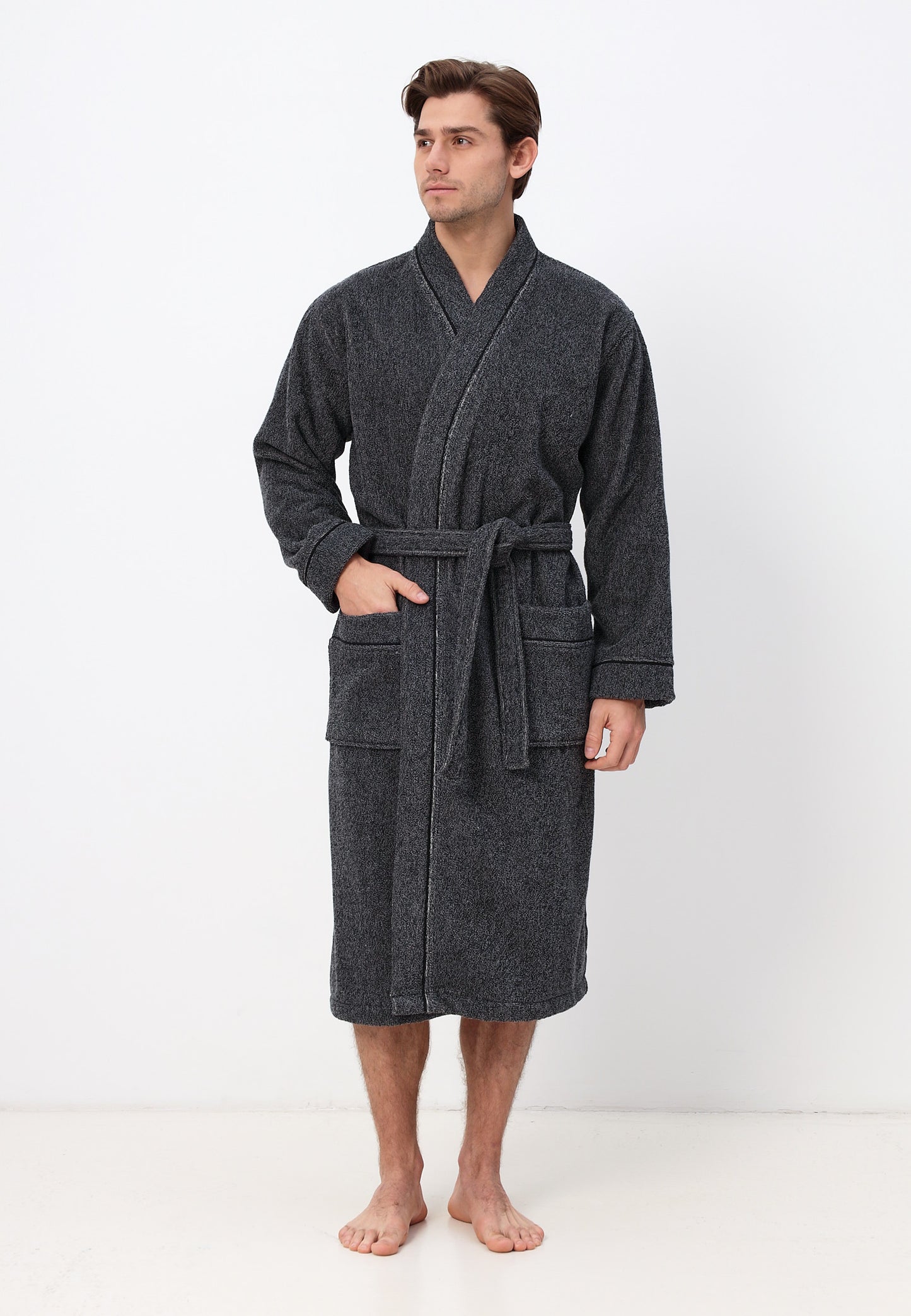 Herren Kimono Bademantel aus 100% Baumwolle in melange Design LMS-6592 Schwarz/Weiß Melange