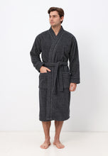Lade das Bild in den Galerie-Viewer, Herren Kimono Bademantel aus 100% Baumwolle in melange Design LMS-6592 Schwarz/Weiß Melange
