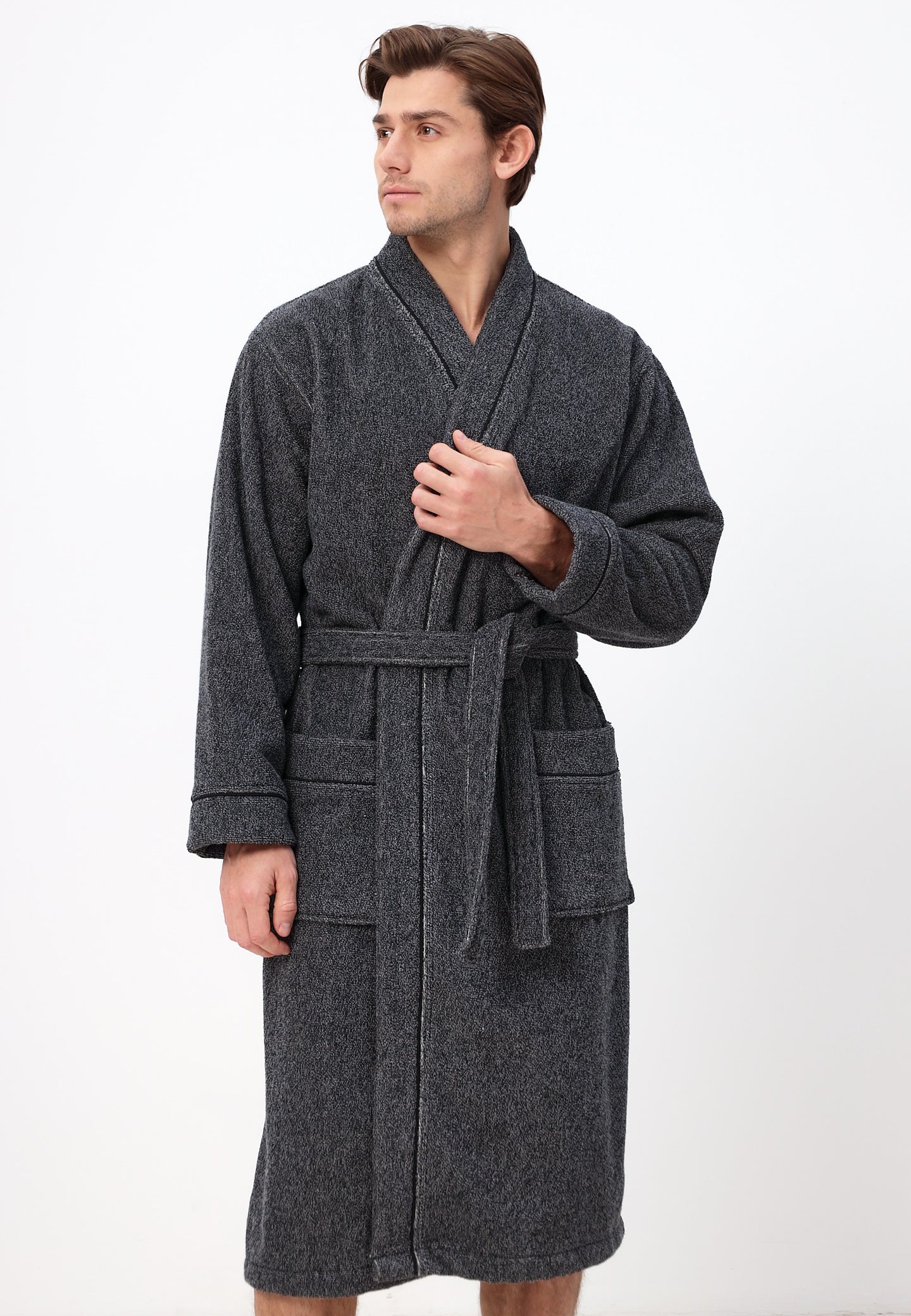 Herren Kimono Bademantel aus 100% Baumwolle in melange Design LMS-6592 Schwarz/Weiß Melange