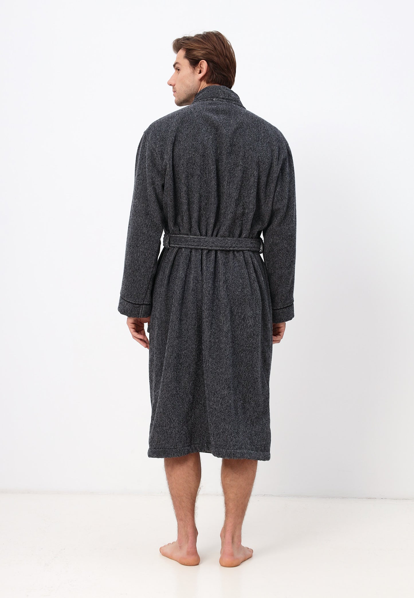 Herren Kimono Bademantel aus 100% Baumwolle in melange Design LMS-6592 Schwarz/Weiß Melange