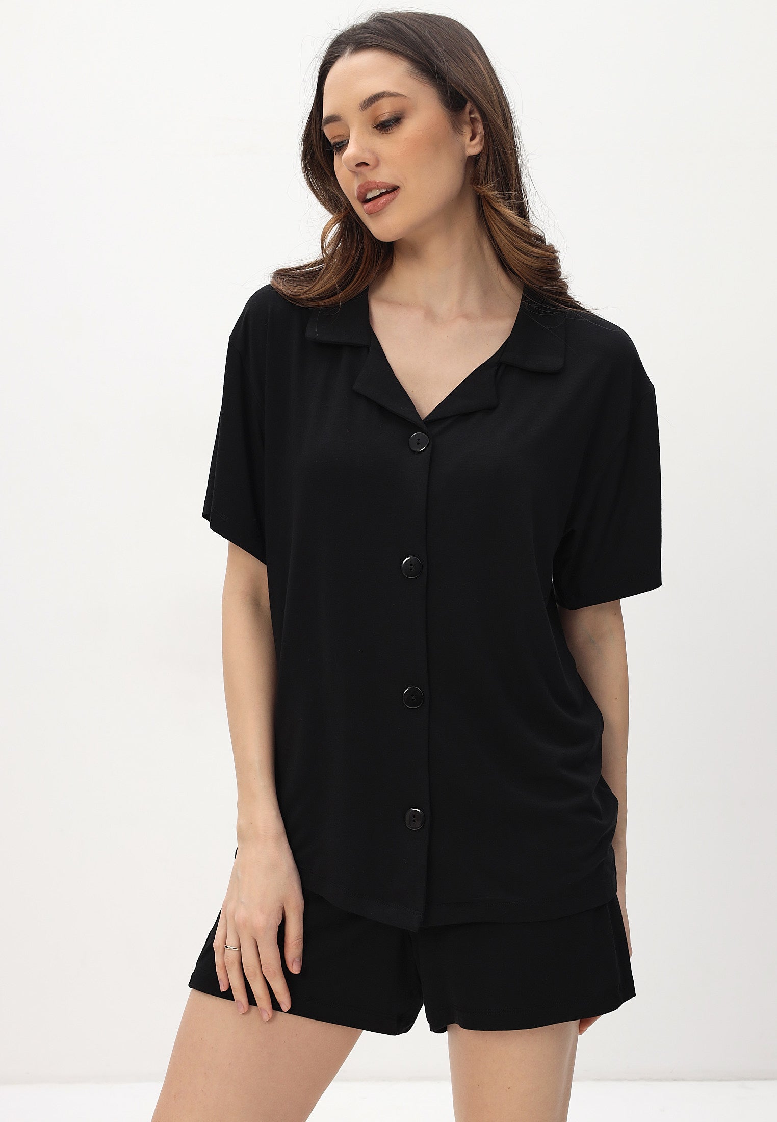 Damen Pyjama Set mit kurzer Hose und Hemd - Schwarz