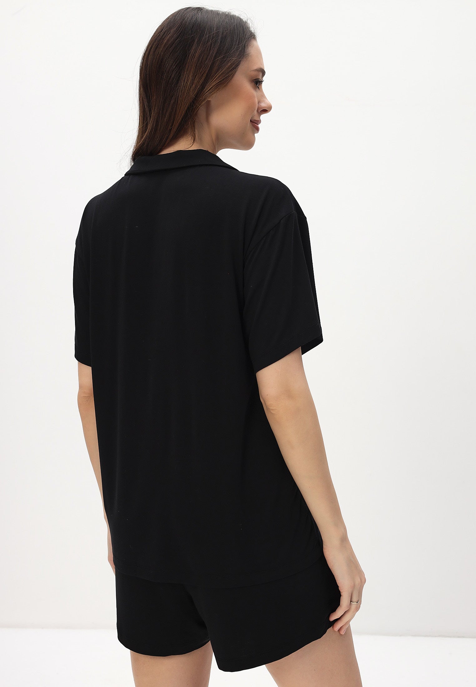 Damen Pyjama Set mit kurzer Hose und Hemd - Schwarz