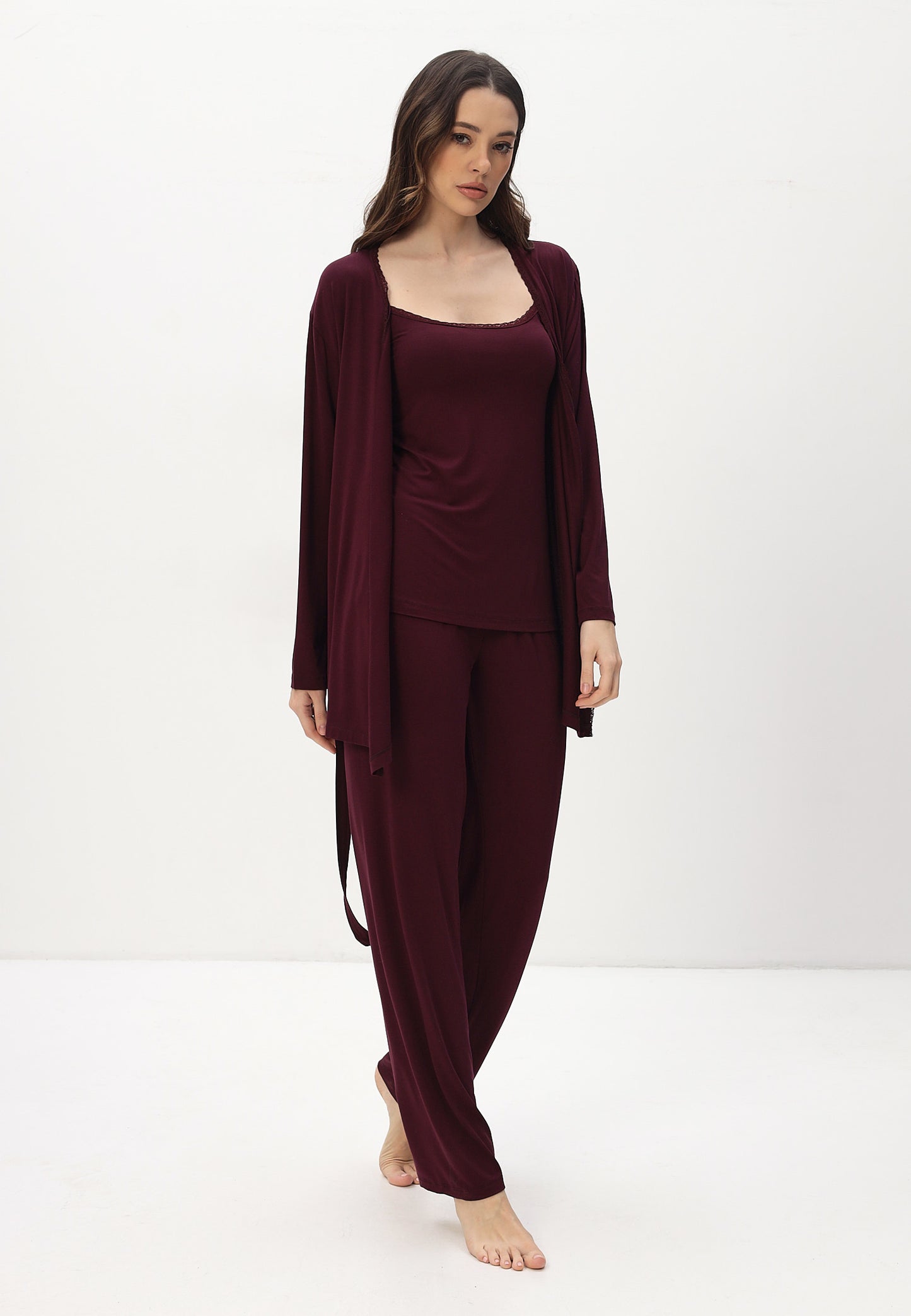 Damen Pyjama Set mit Morgenmantel aus Bambus viskose LMS-6176 Redwine Weinrot