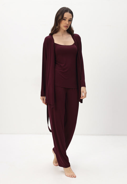 Damen Pyjama Set mit Morgenmantel aus Bambus viskose LMS-6176 Redwine Weinrot
