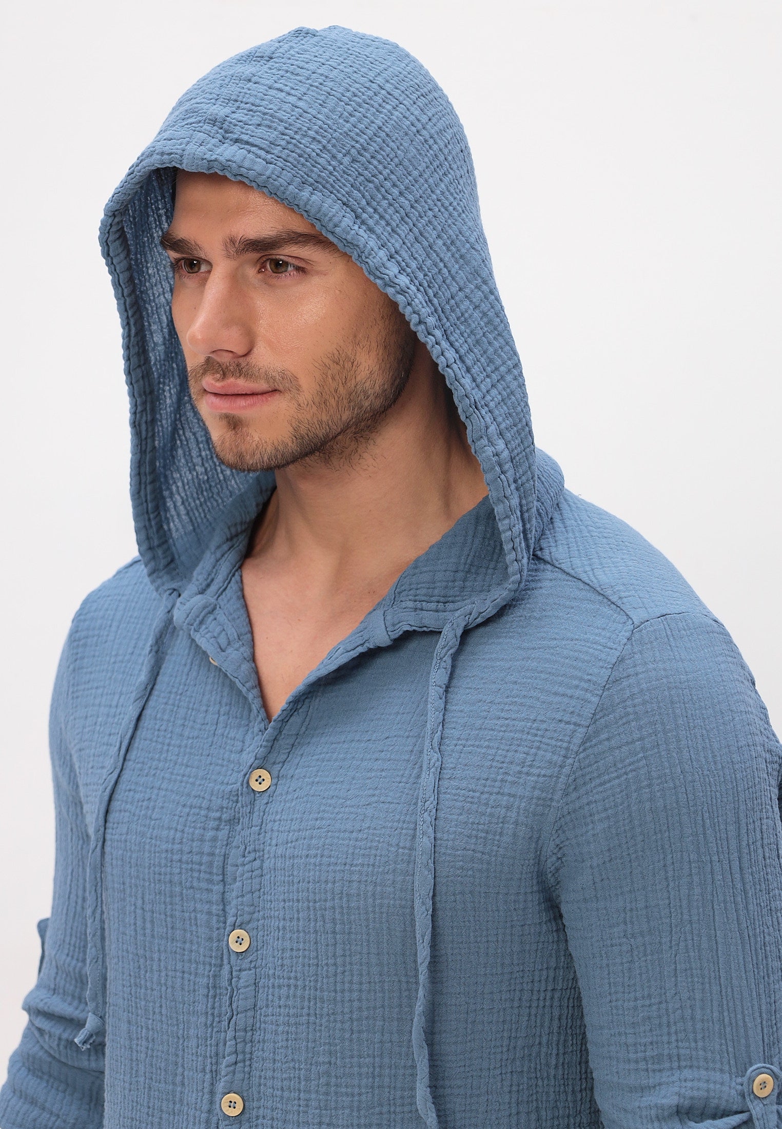 Herren Sommer und Freizeit Mode Hemd mit Kapuze aus lässige Musselin