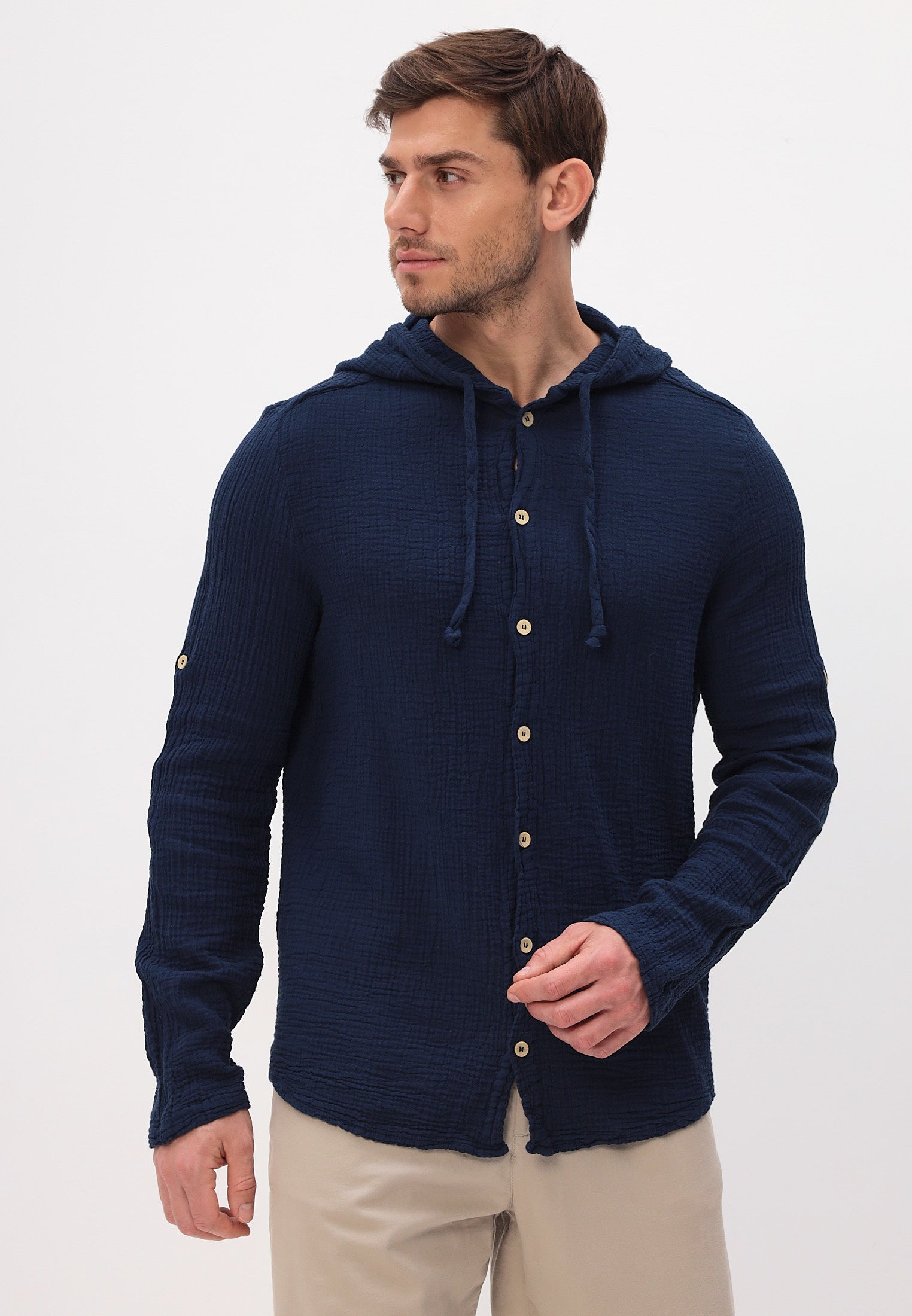 Herren Sommer und Freizeit Mode Hemd mit Kapuze aus lässige Musselin