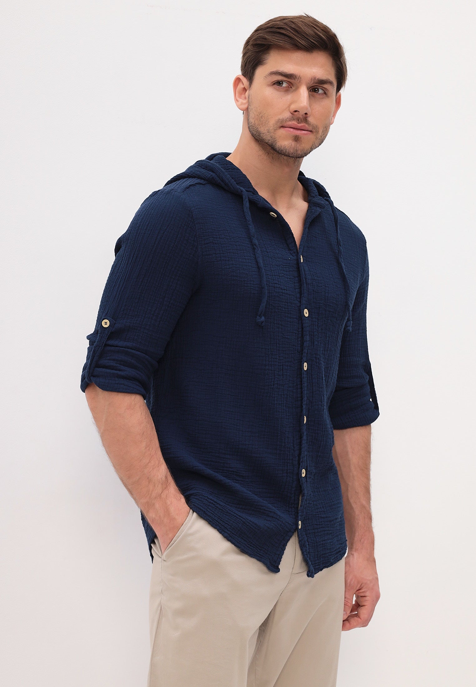 Herren Sommer und Freizeit Mode Hemd mit Kapuze aus lässige Musselin