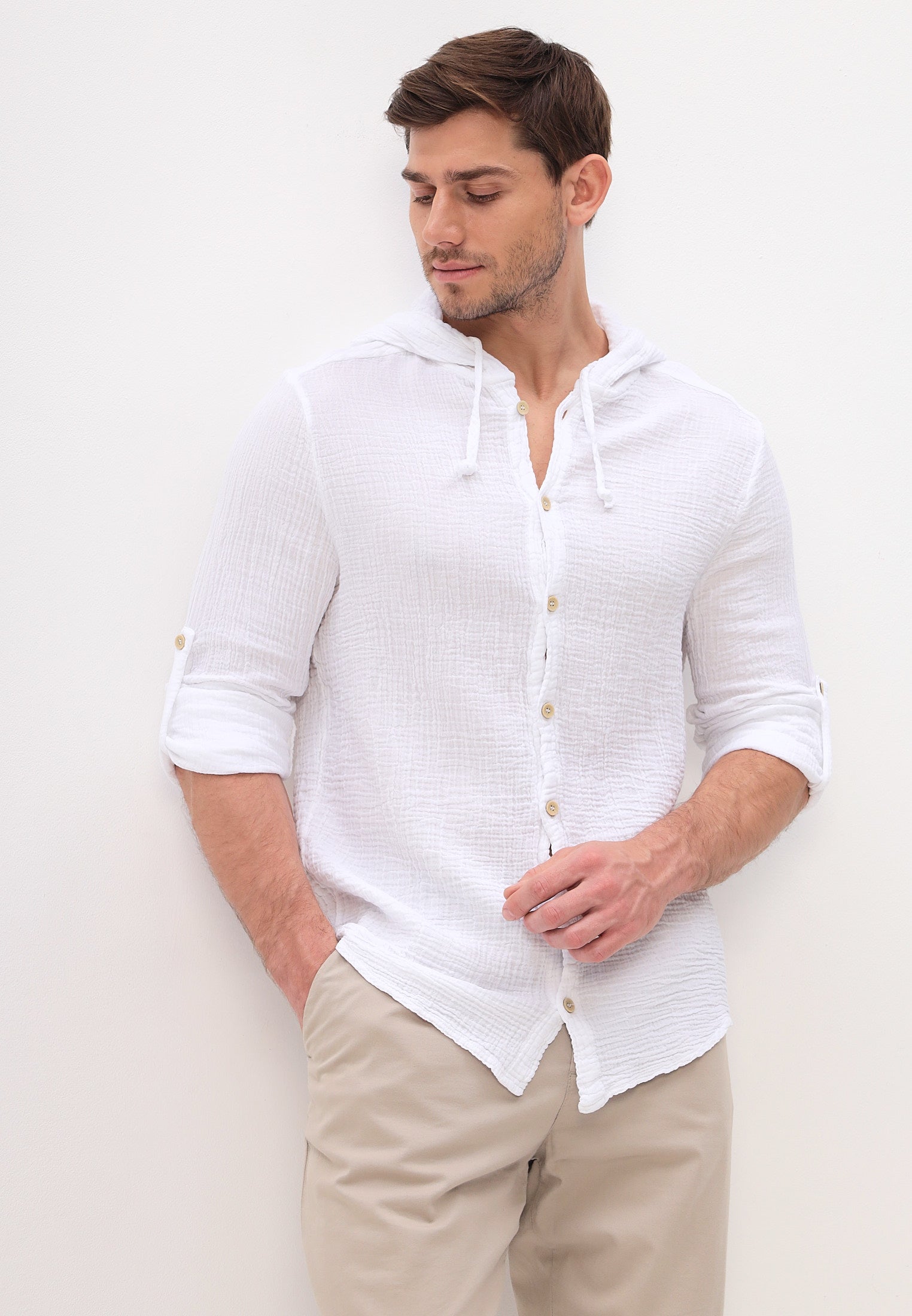 Herren Sommer und Freizeit Mode Hemd mit Kapuze aus lässige Musselin