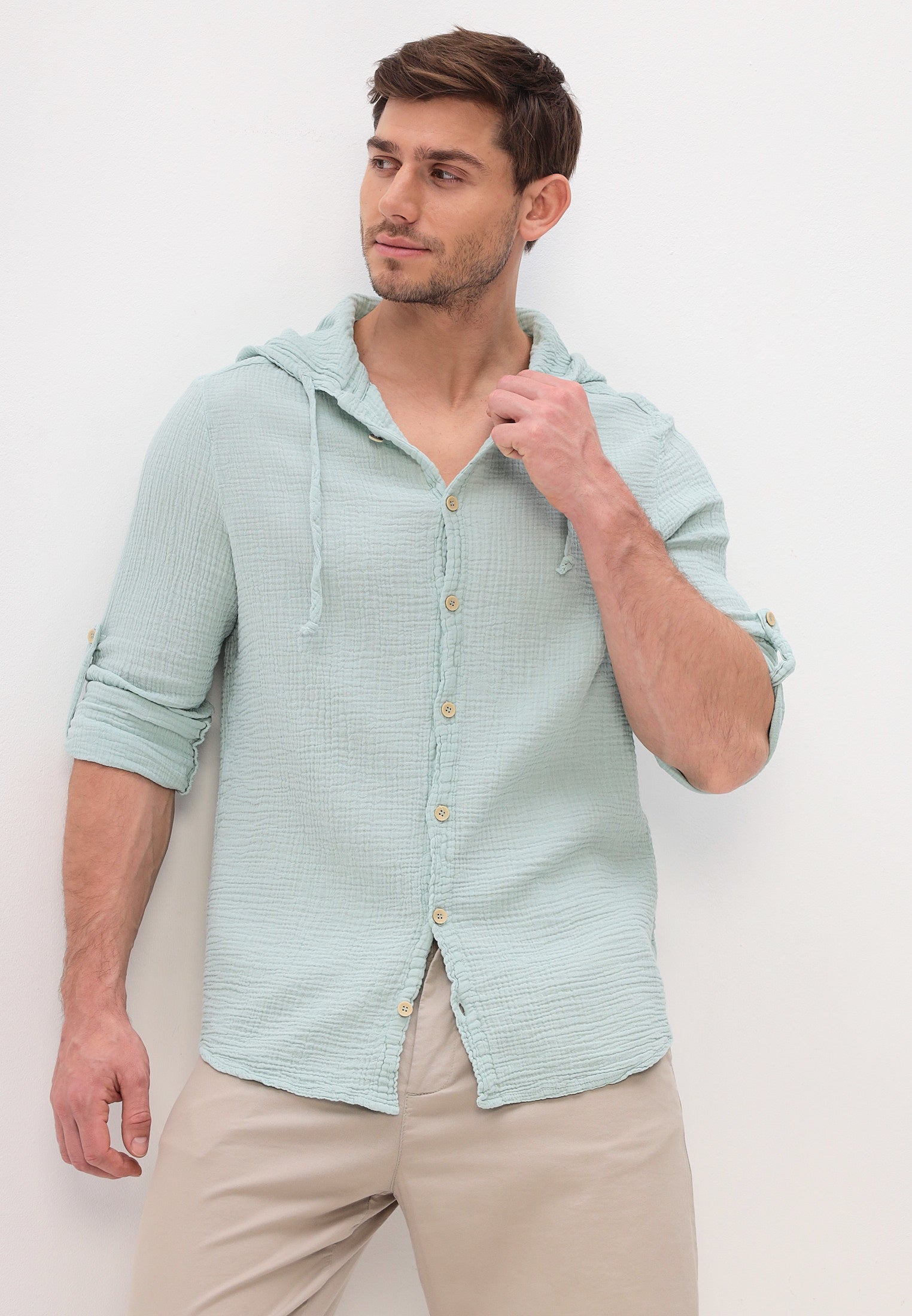 Herren Sommer und Freizeit Mode Hemd mit Kapuze aus lässige Musselin