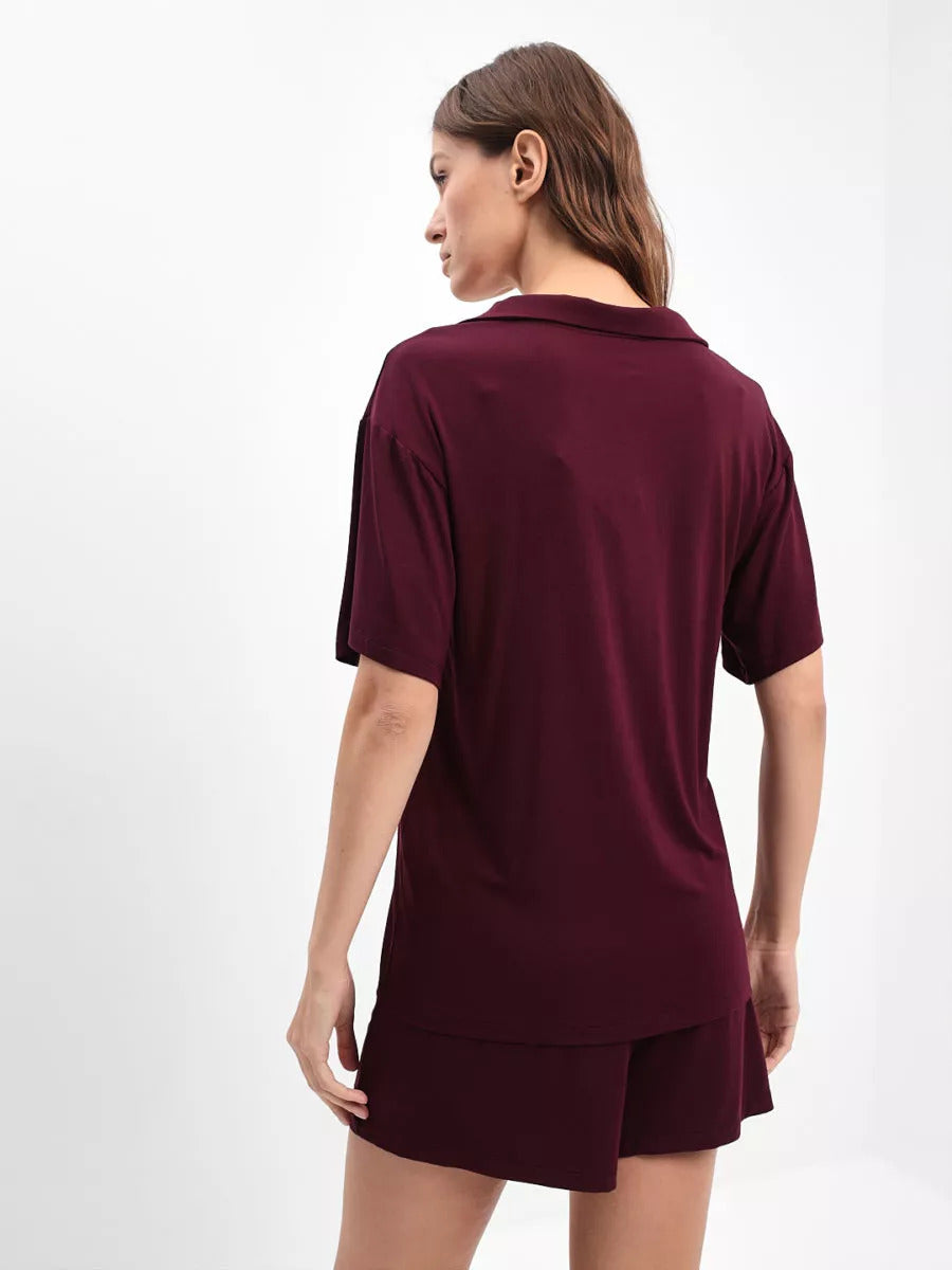Damen Pyjama Set mit kurzer Hose und Hemd - Weinrot