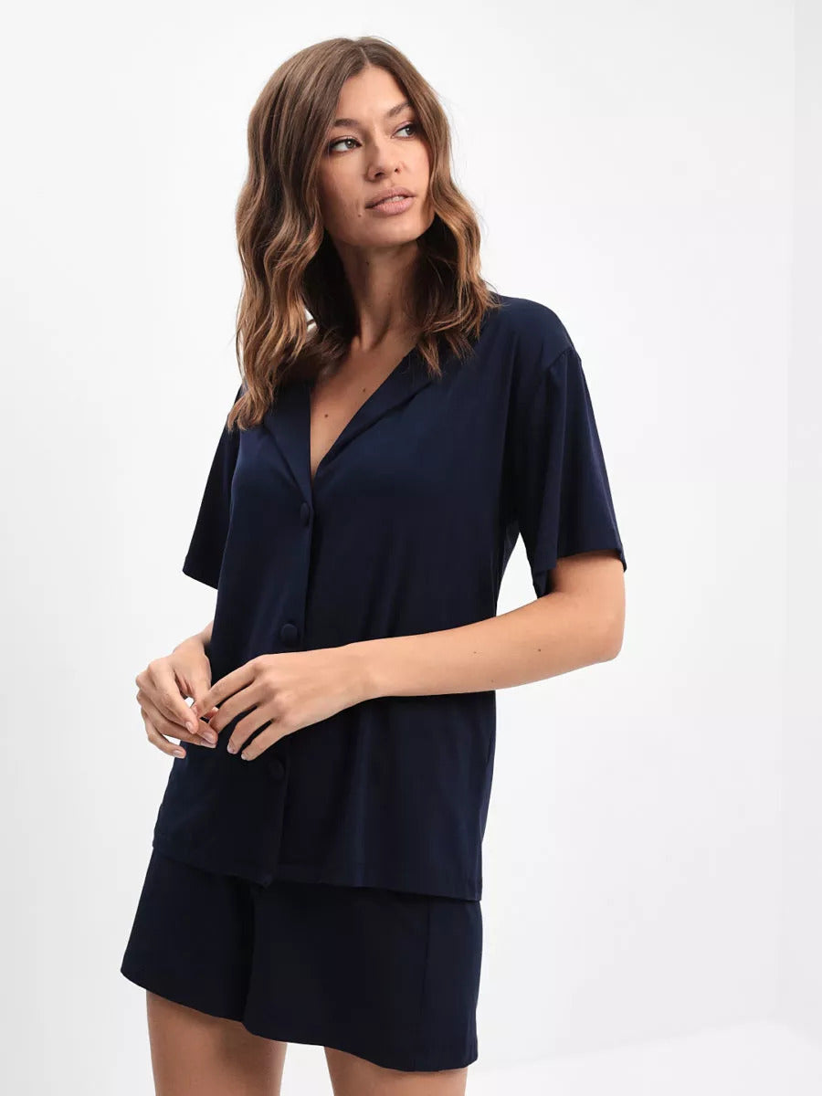 Damen Pyjama Set mit kurzer Hose und Hemd - Marinenblau