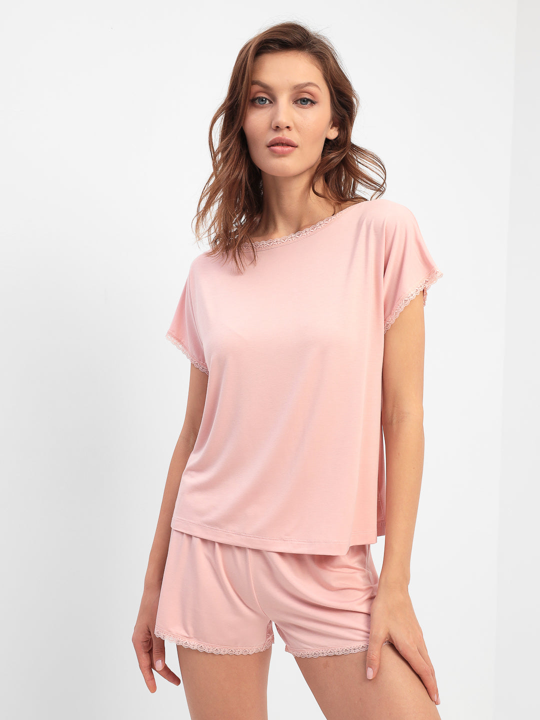 2teiliger Damen Pyjama Short Set mit zauberhafter Spitze im Oberteil LMS-6024 Pink
