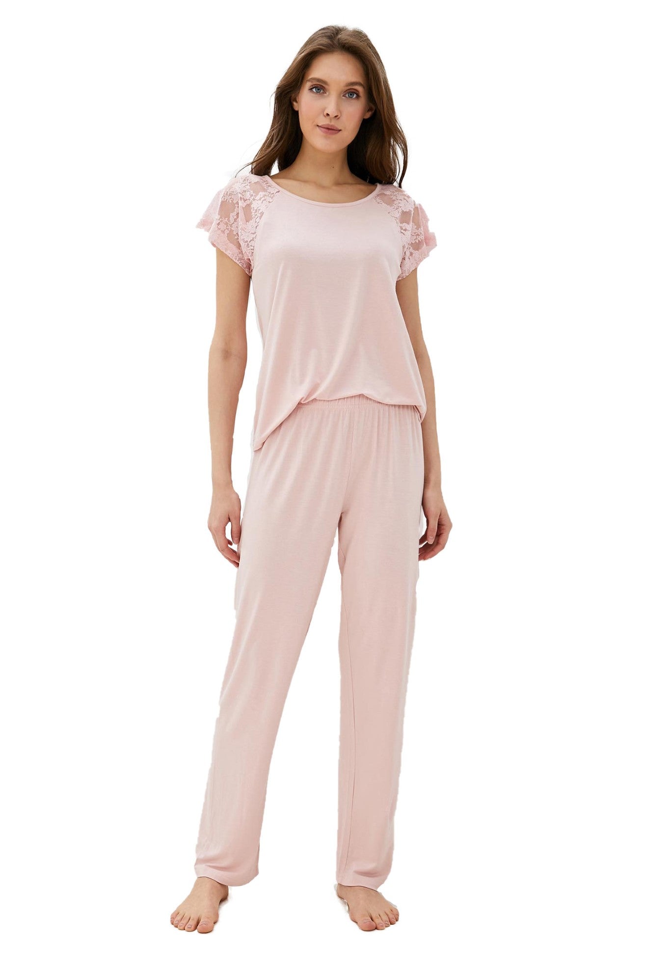2 teilige Damen pyjama mit edler Spitze an den Schultern LMS-6015 Pink