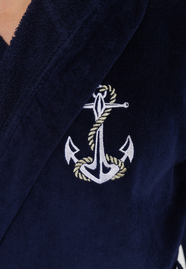 Peignoir élégant pour hommes en coton de haute qualité avec capuche en velours ornée d'une fine broderie d'ancre