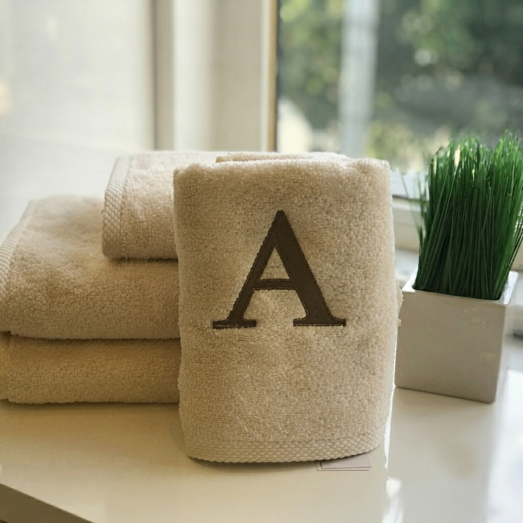Premium Handtuch -  Mit edler Stickerei Buchstabe "A" - Vielseitig, Nachhaltig, Saugstark & Schnelltrocknend - 100% Baumwolle - Ecru