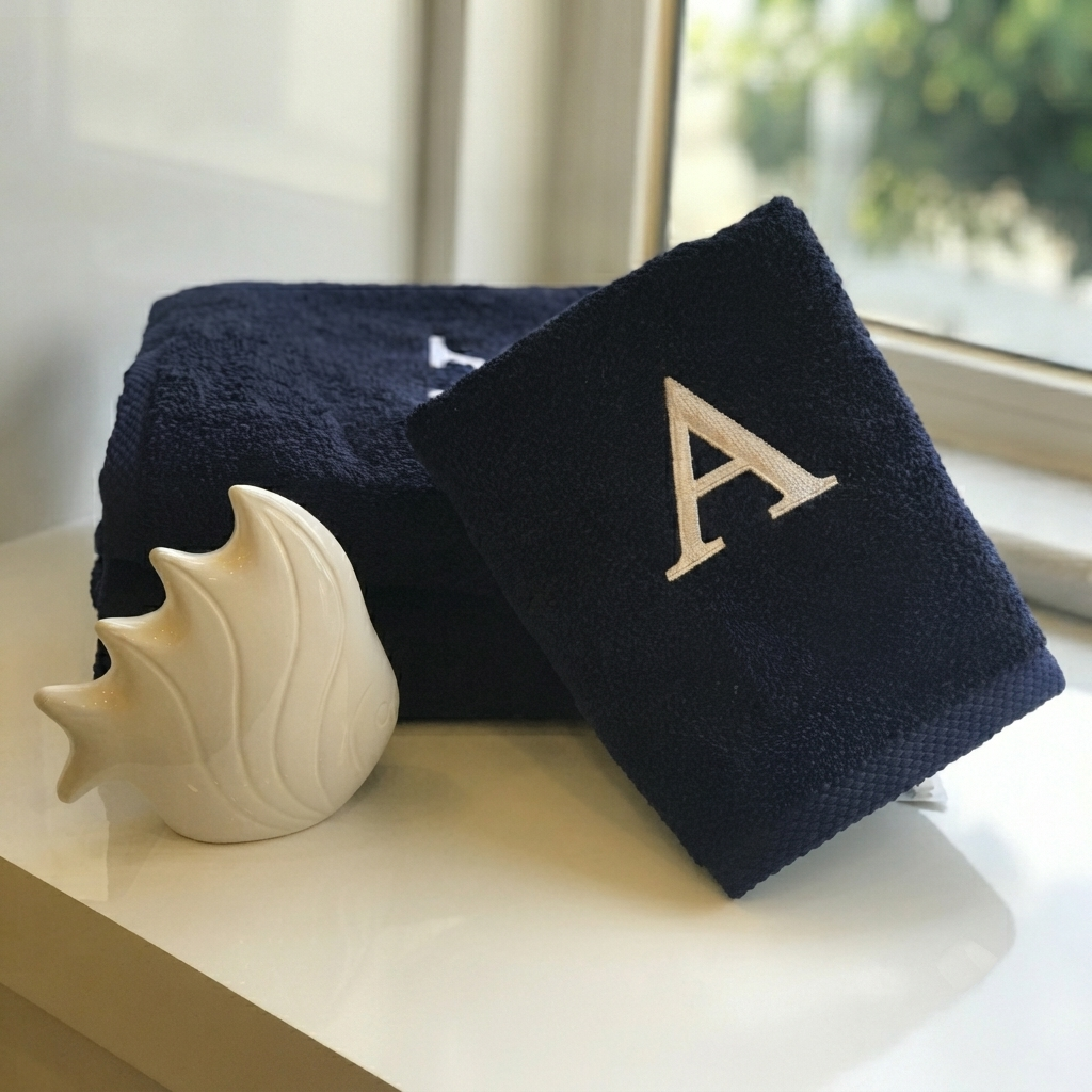 Premium Handtuch -  Mit edler Stickerei Buchstabe "A" - Vielseitig, Nachhaltig, Saugstark & Schnelltrocknend - 100% Baumwolle - Marinenblau