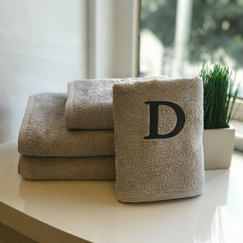 Premium Handtuch -  Mit edler Stickerei Buchstabe "D" - Vielseitig, Nachhaltig, Saugstark & Schnelltrocknend - 100% Baumwolle - Grau