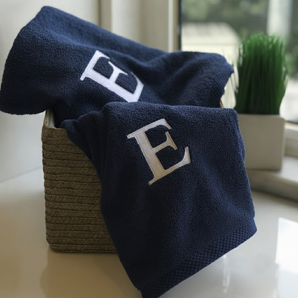 Premium Handtuch -  Mit edler Stickerei Buchstabe "E" - Vielseitig, Nachhaltig, Saugstark & Schnelltrocknend - 100% Baumwolle - Marinenblau